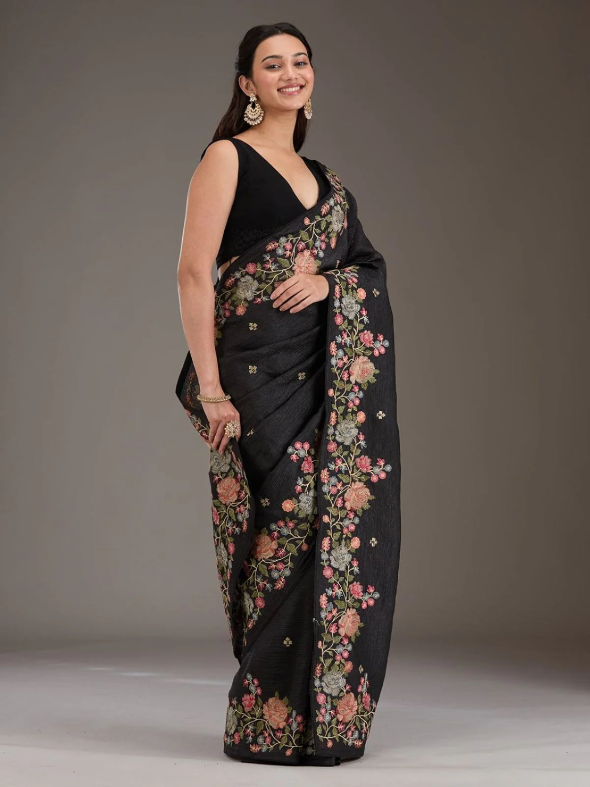 Odette Black Silk Blend Embroidered Saree For Women