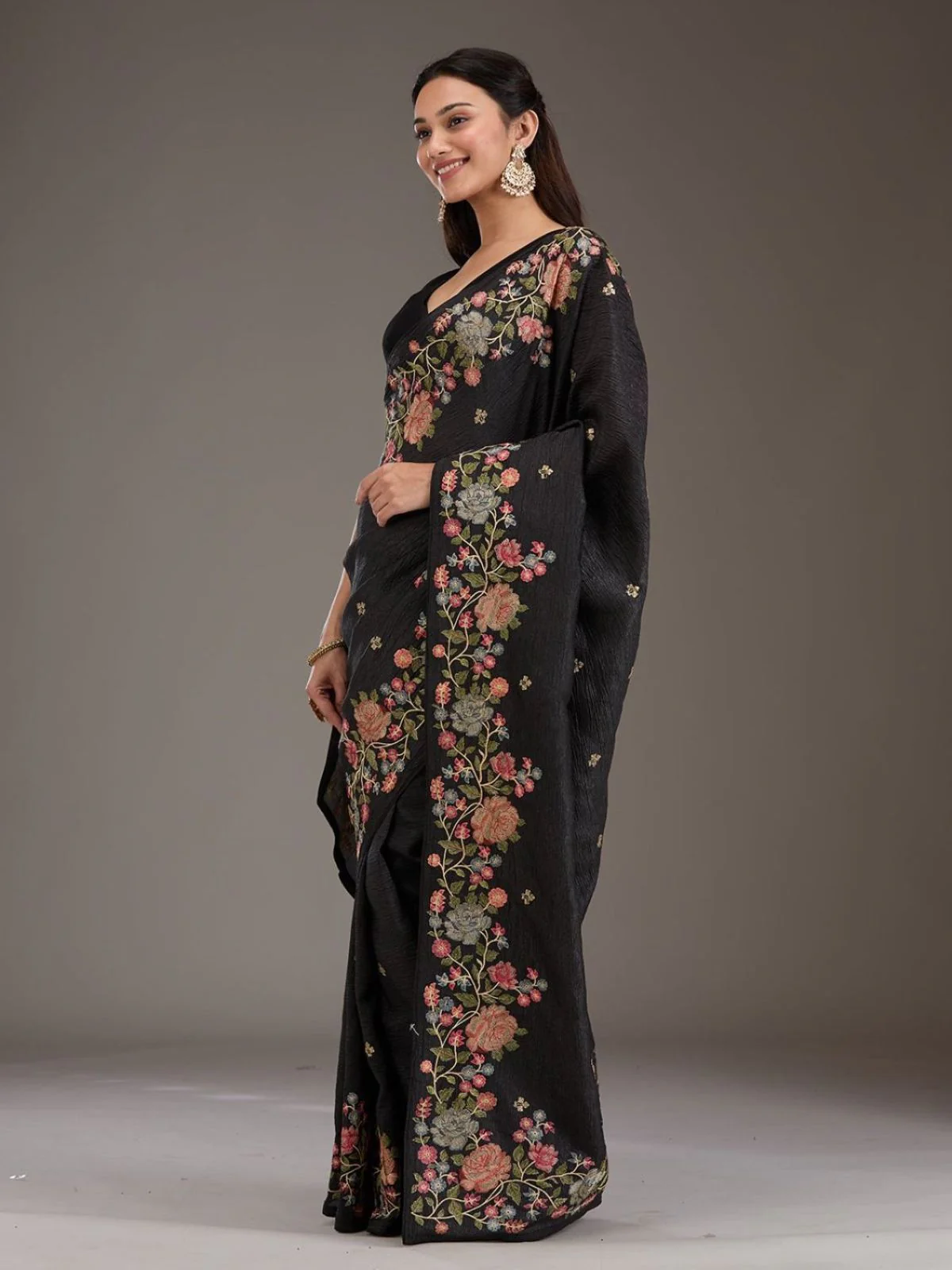 Odette Black Silk Blend Embroidered Saree For Women - Image 2