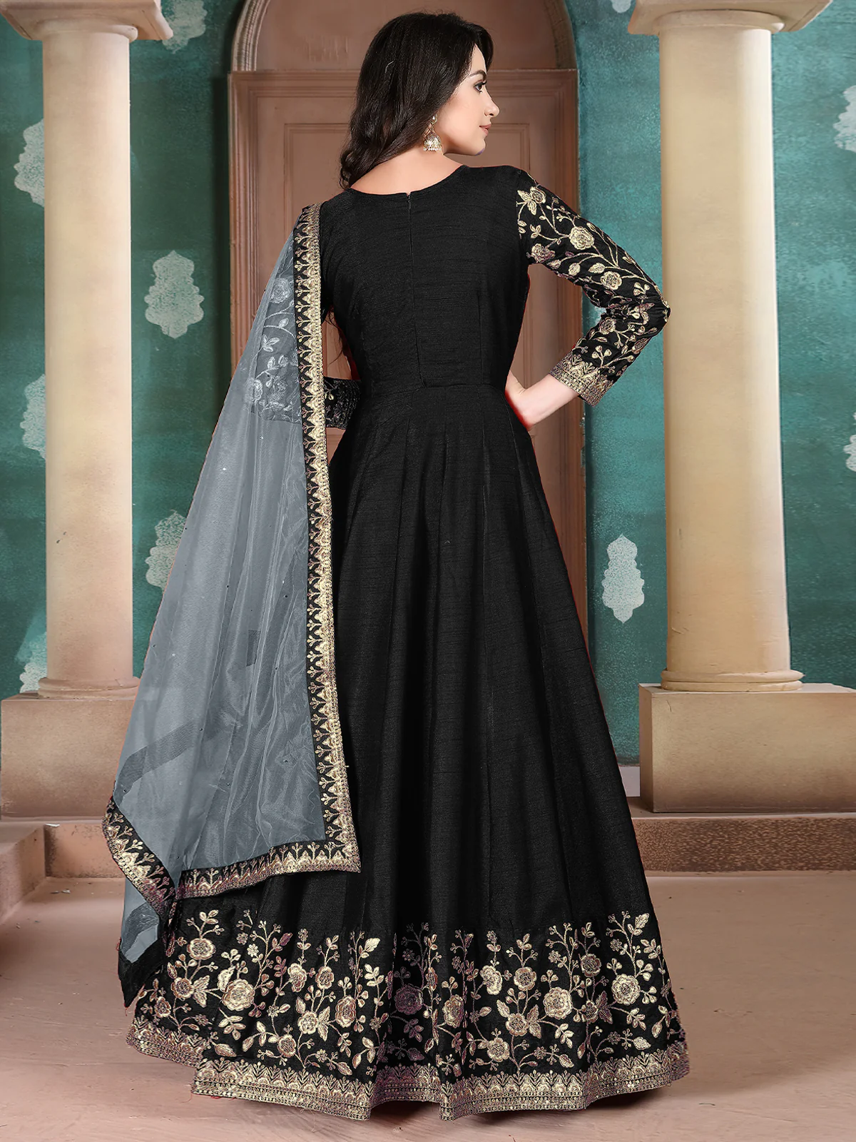 Odette Black Silk Embroidered Semi stitched Kurta Set For Women - Image 2