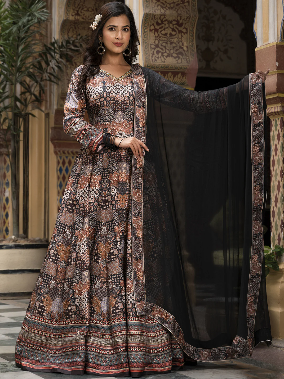 Odette Black Silk Stitched Gown with Dupatta For Women - Image 3