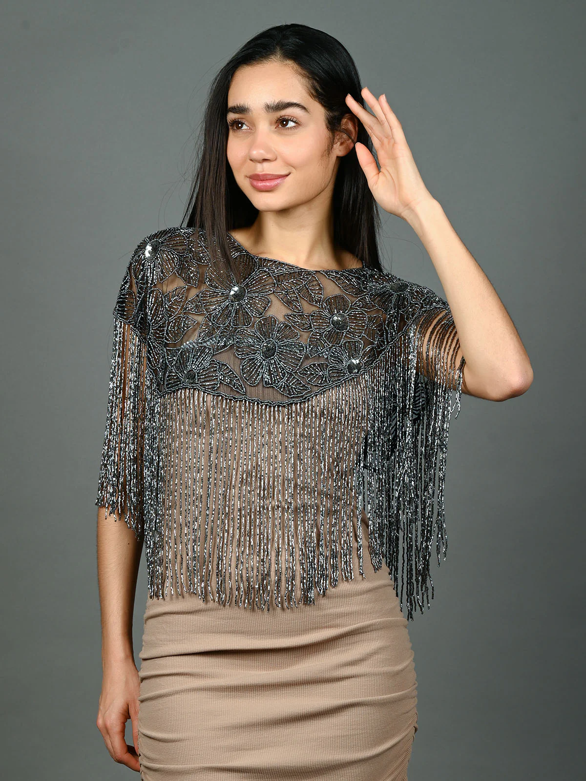 Odette Black & Silver Net Embellished Cape For Women - Image 2