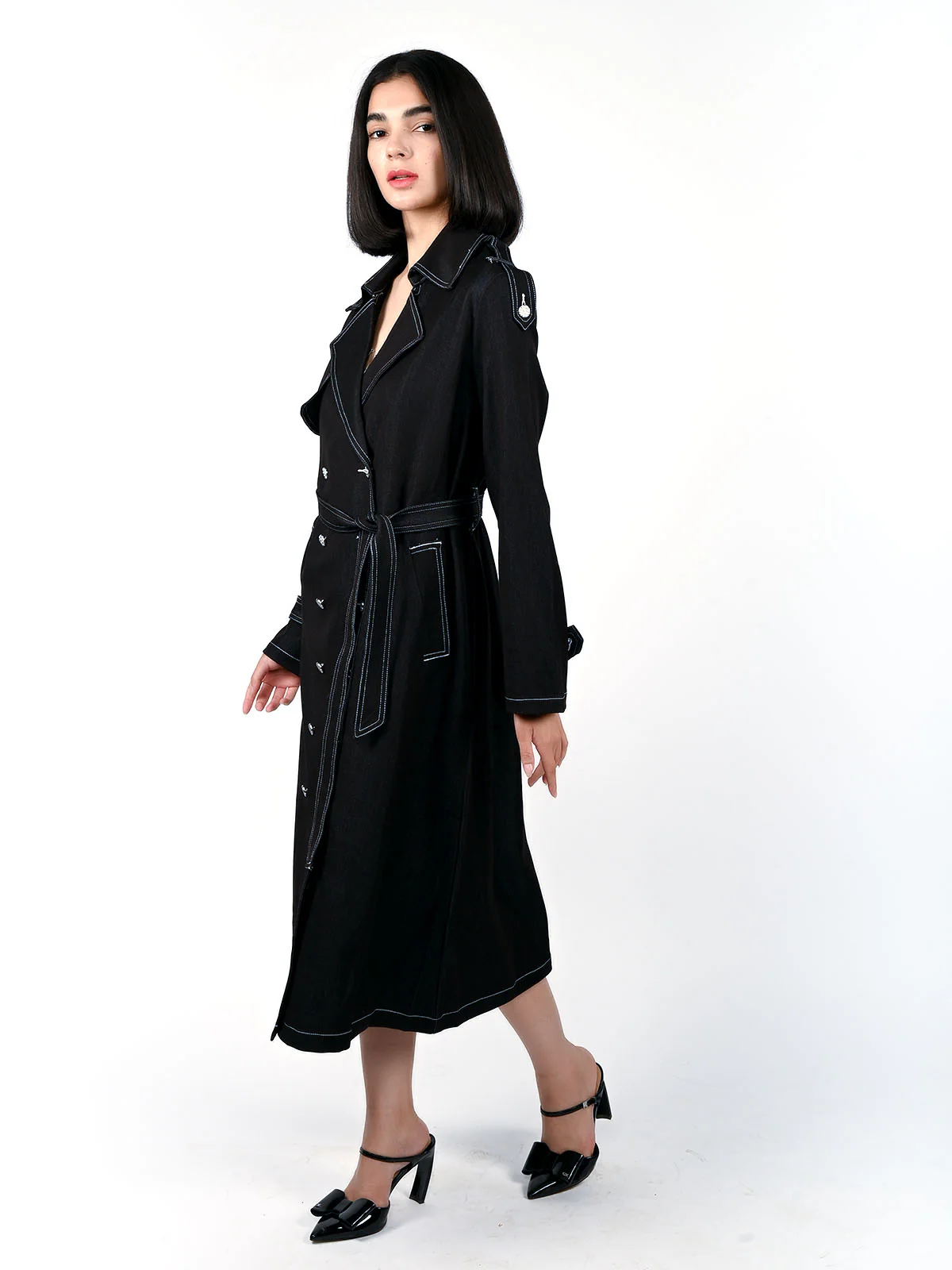 Odette Black Soft Denim Solid Overcoat For Women - Image 3