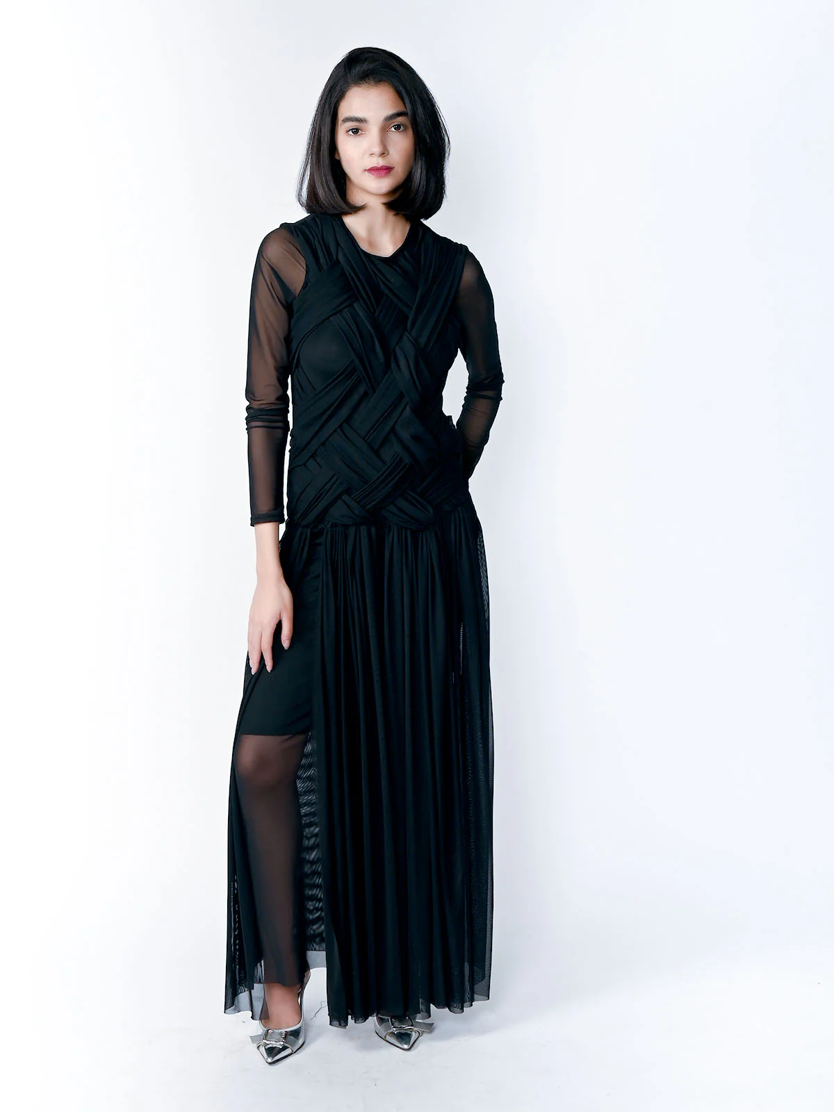 Odette Black Soft Net Braided Dress For Women