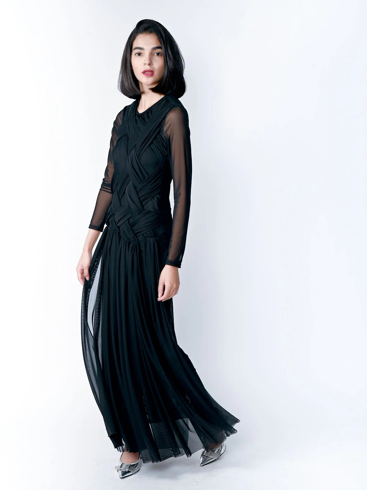 Odette Black Soft Net Braided Dress For Women - Image 2