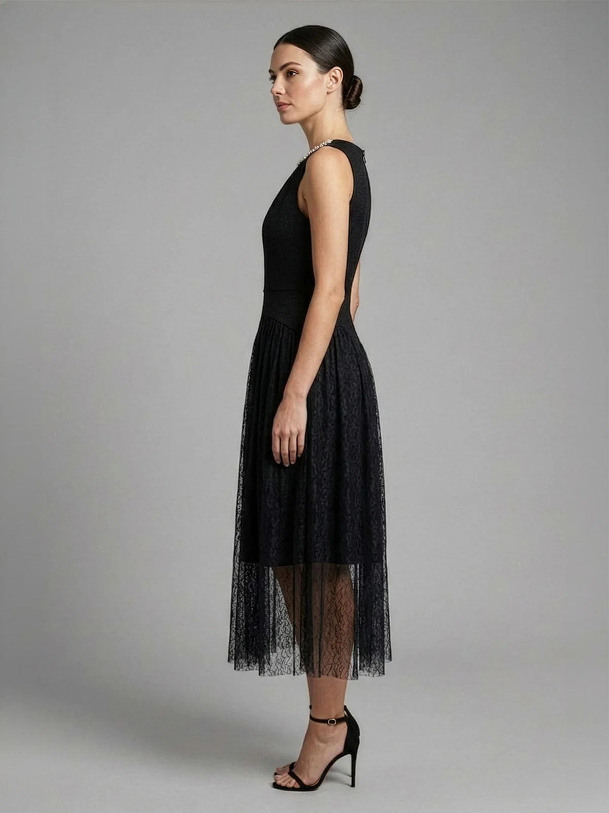 Odette Black Soft Net Embellished Dresses For Women - Image 2