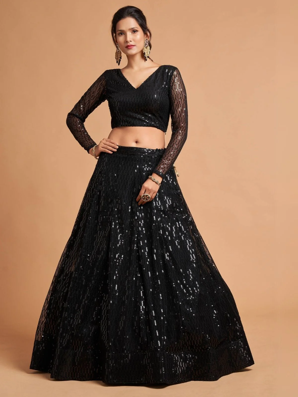 Odette Black Soft Net Seqin Semi Stitched Lehenga With Blouse For Women - Image 2