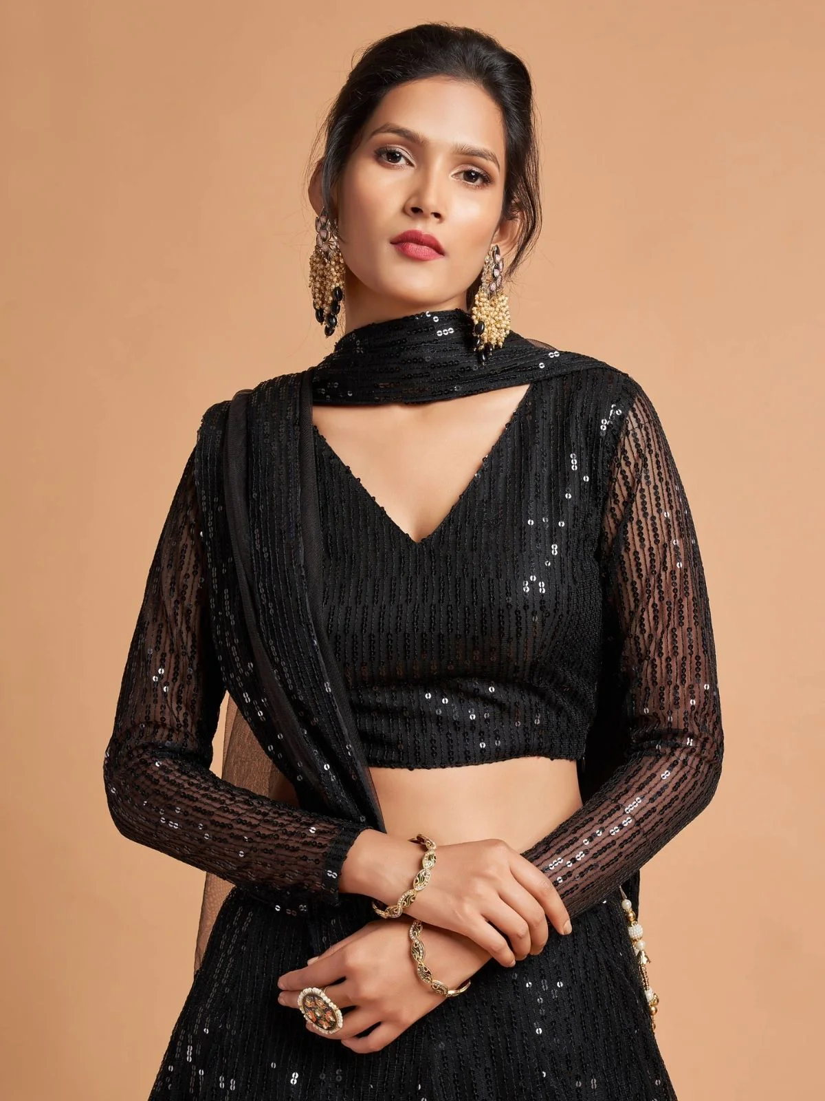 Odette Black Soft Net Seqin Semi Stitched Lehenga With Blouse For Women - Image 4