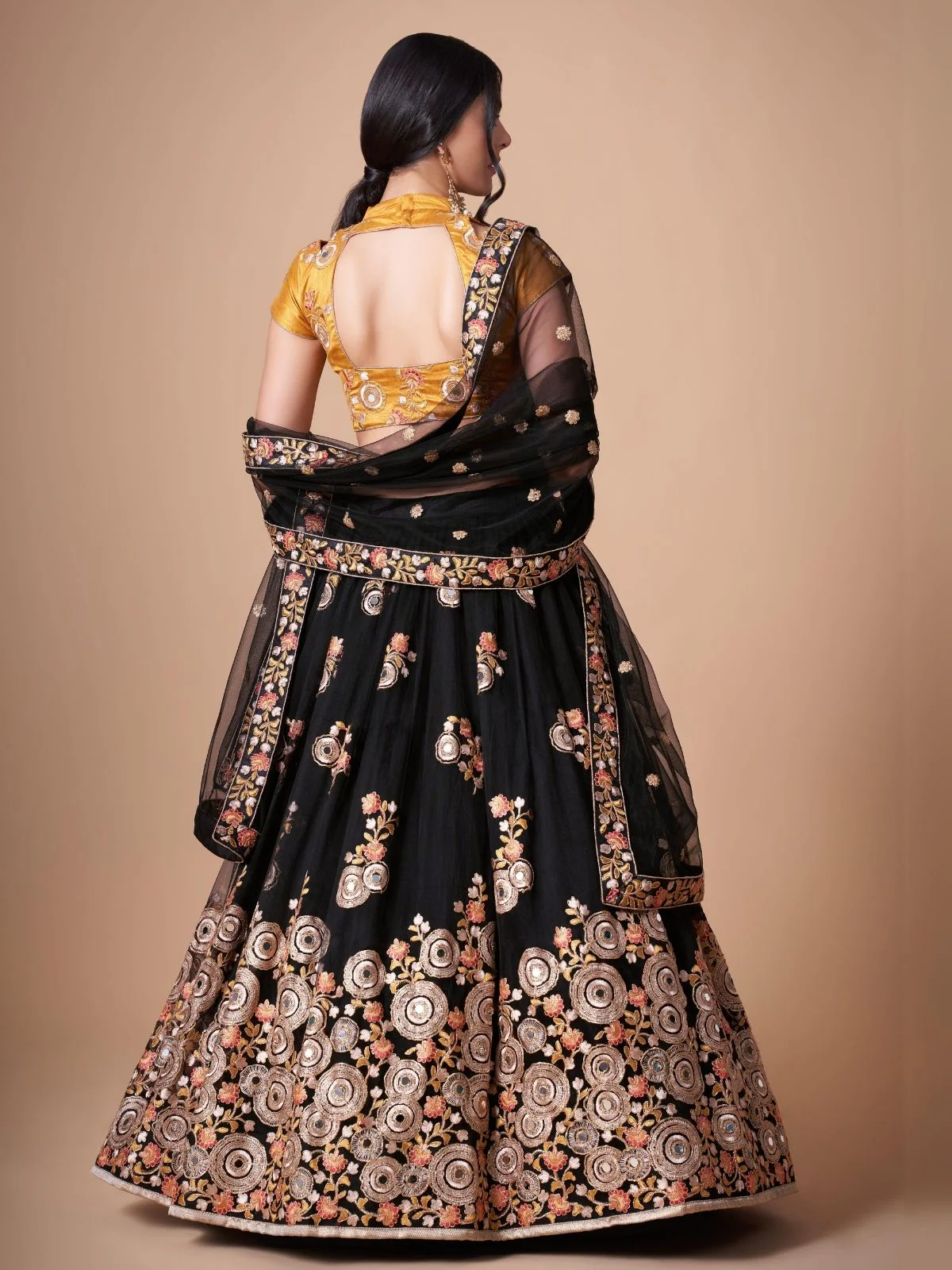 Odette Black Soft Net Embroidered Semi Stitched Lehenga With Blouse For Women - Image 3