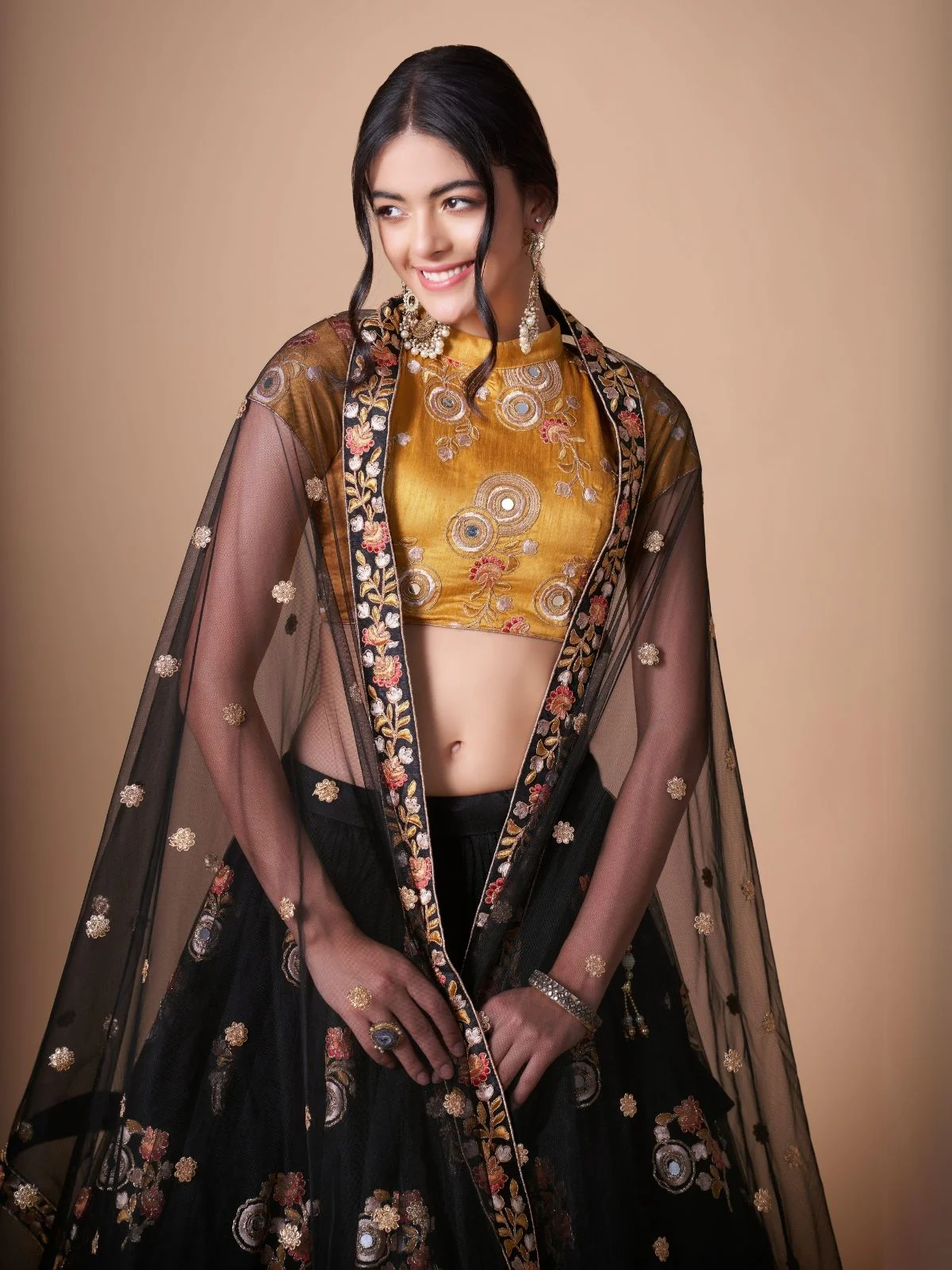 Odette Black Soft Net Embroidered Semi Stitched Lehenga With Blouse For Women - Image 4