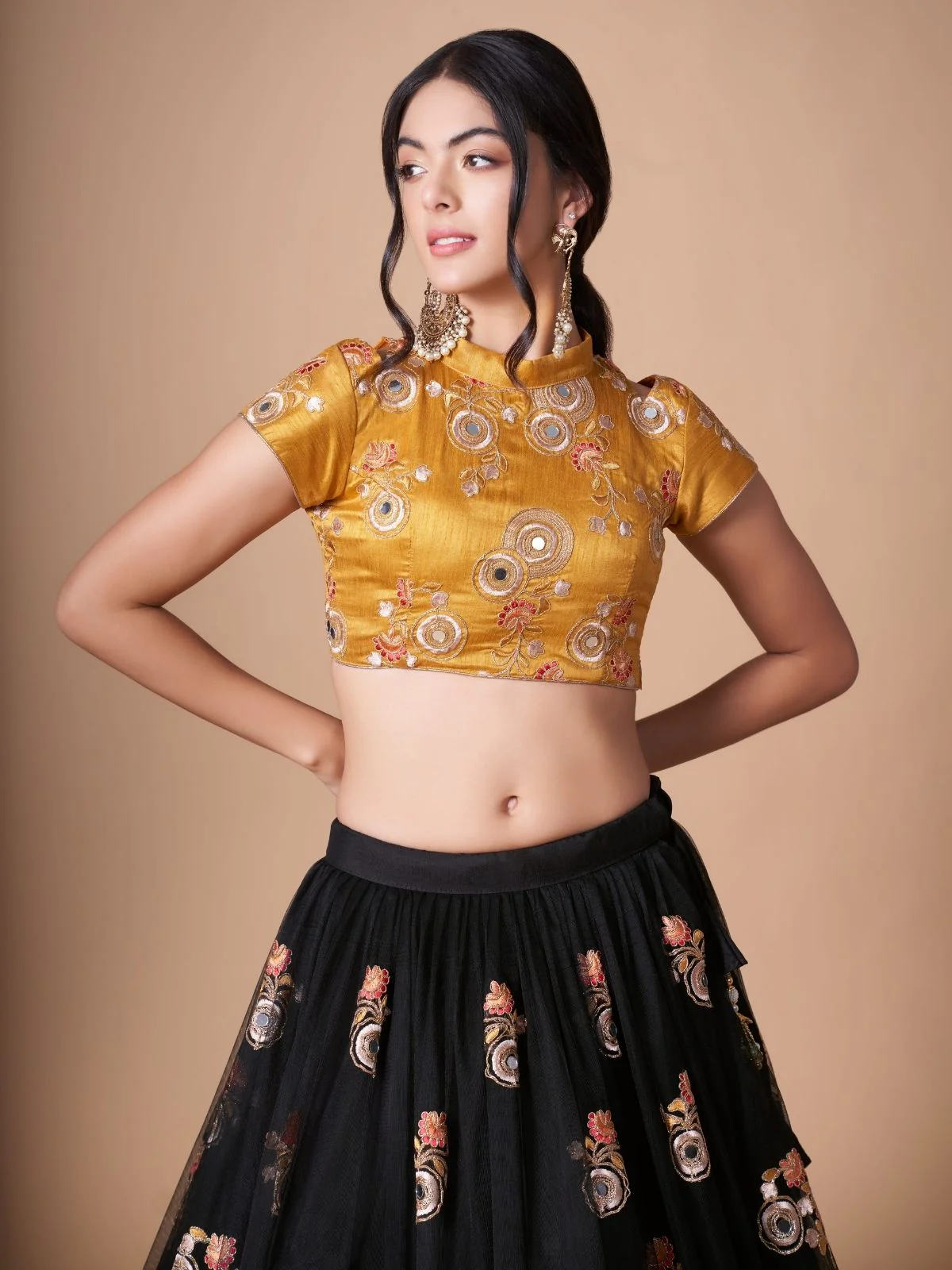 Odette Black Soft Net Embroidered Semi Stitched Lehenga With Blouse For Women - Image 5