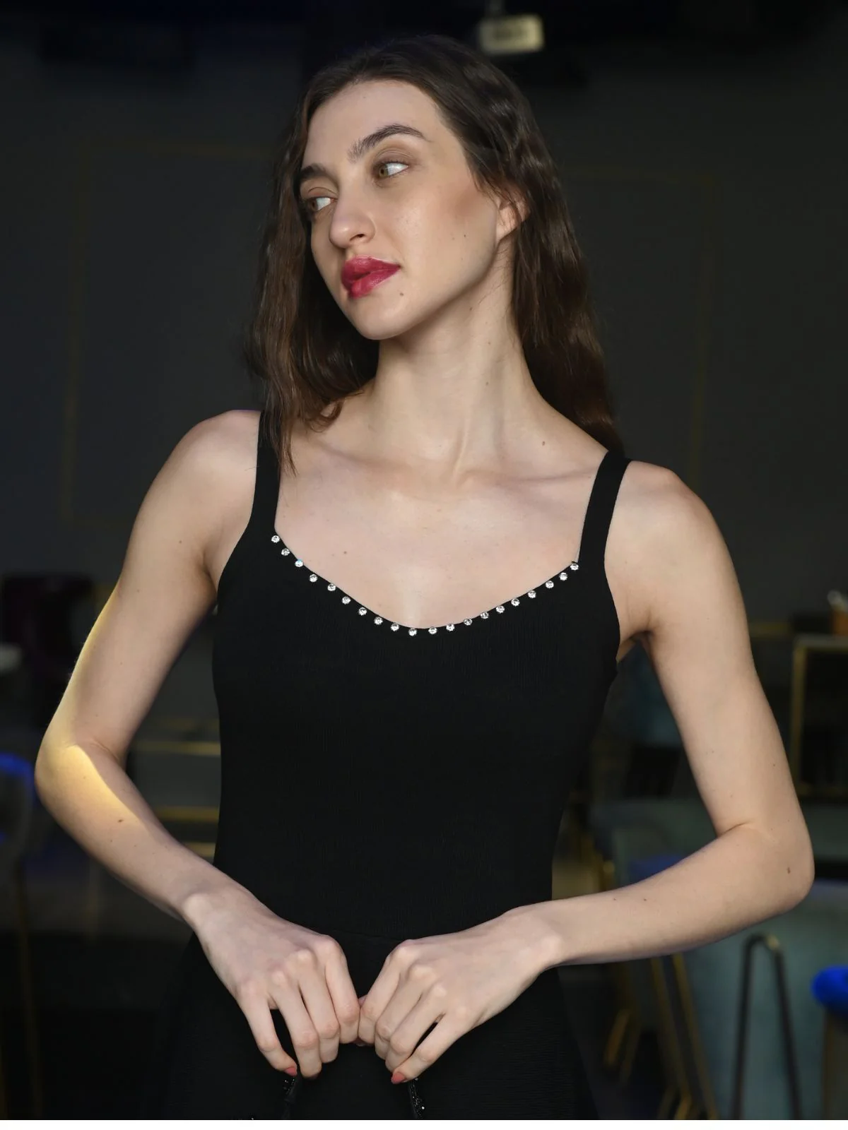Odette Black Solid Cotton Knit Lycra Dress For Women - Image 5