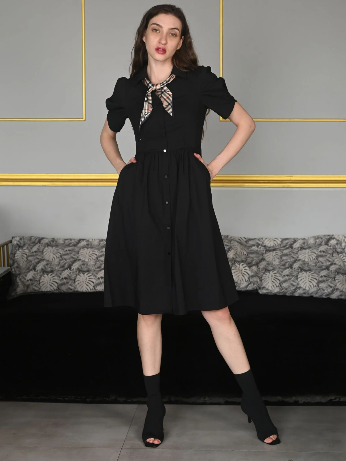 Odette Black Cotton Poplin Solid Tie Scarf Dress For Women