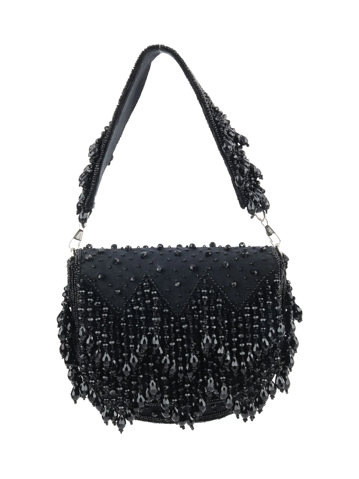 Odette Black Suede Embellished Hand Bag For Women - Image 3