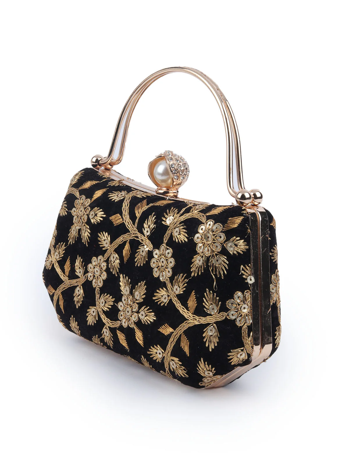 Odette Black Suede Embroidered Hand Bag For Women - Image 4