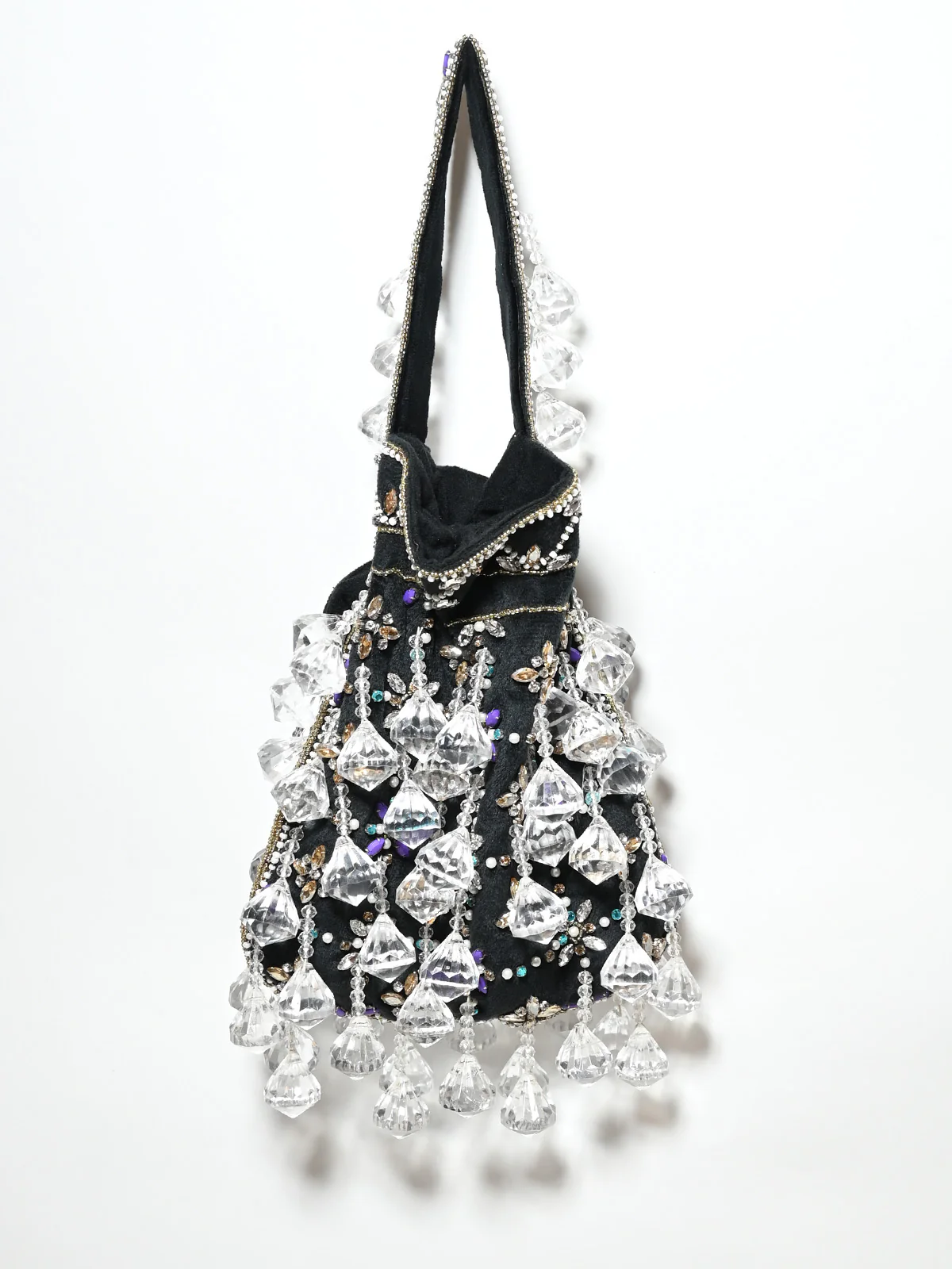 Odette Black Suede Stone And Pearl Embellished Potli For Women - Image 2