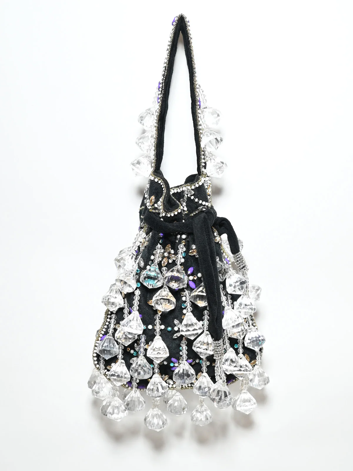 Odette Black Suede Stone And Pearl Embellished Potli For Women - Image 4