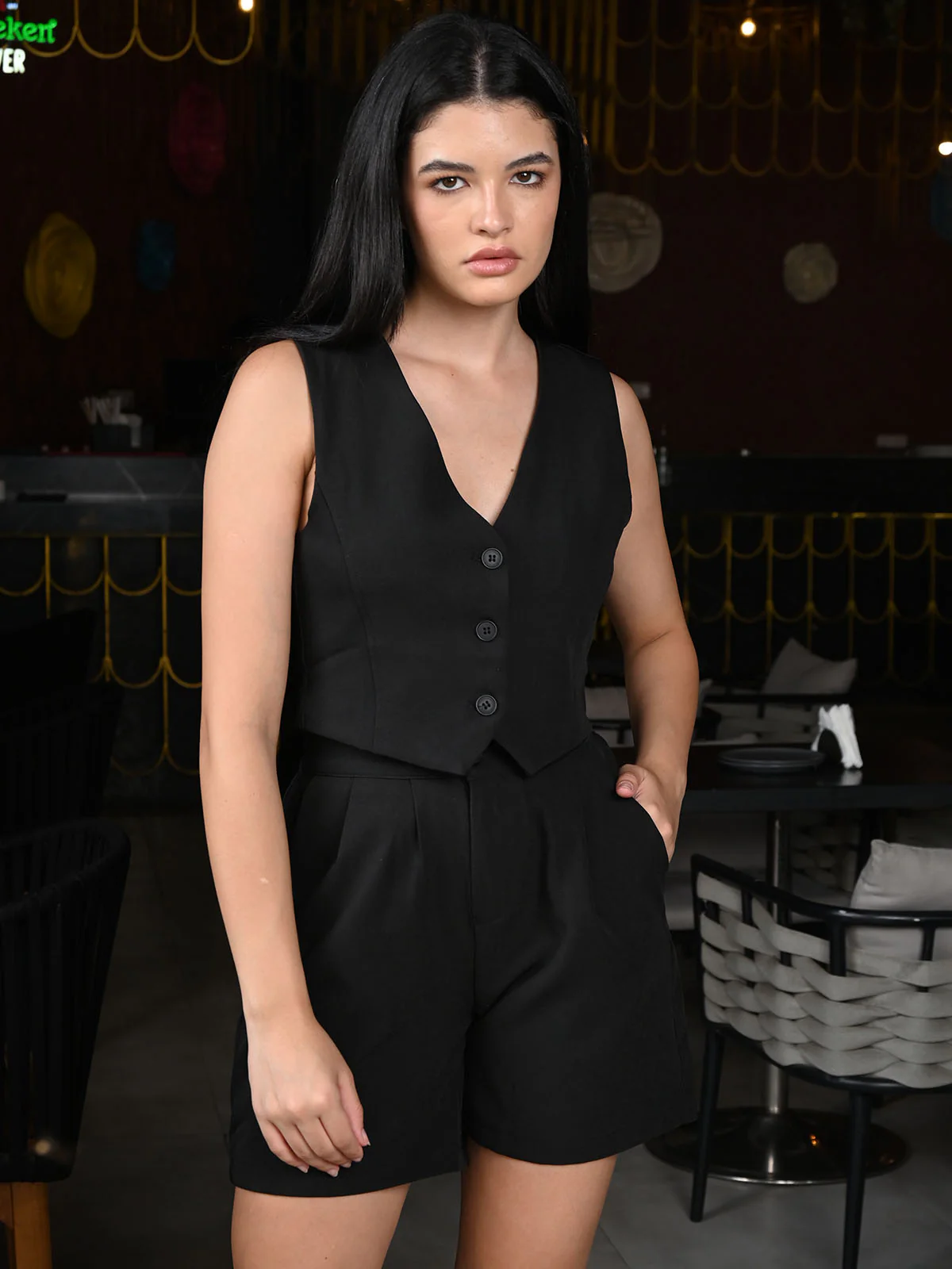 Odette Black Suiting Fabric Solid Waist Coat And Shorts Co-Ord Set For Women - Image 2