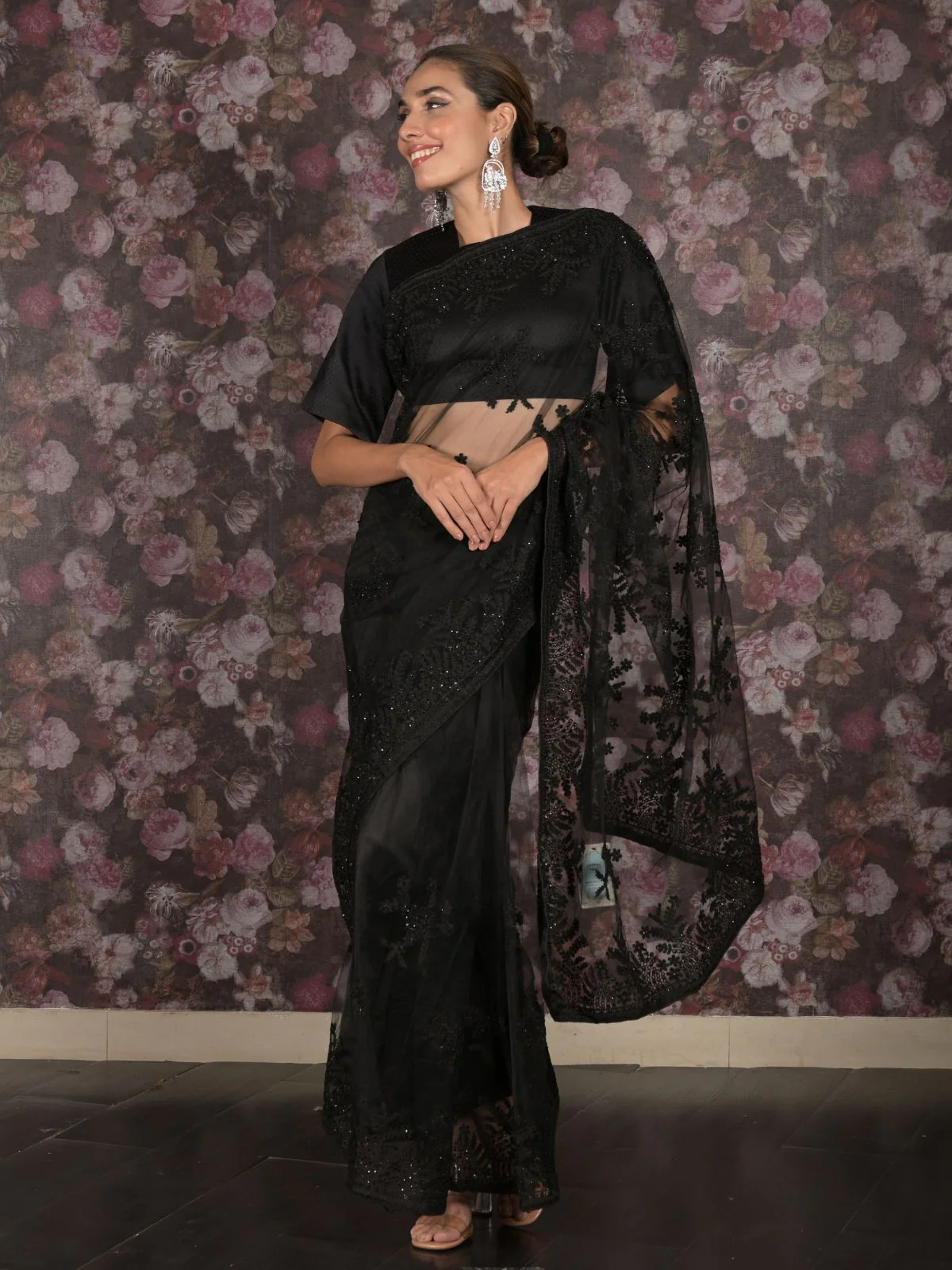 Odette Black Thread Embroidered Net Saree With Unstitched Blouse For Women - Image 2