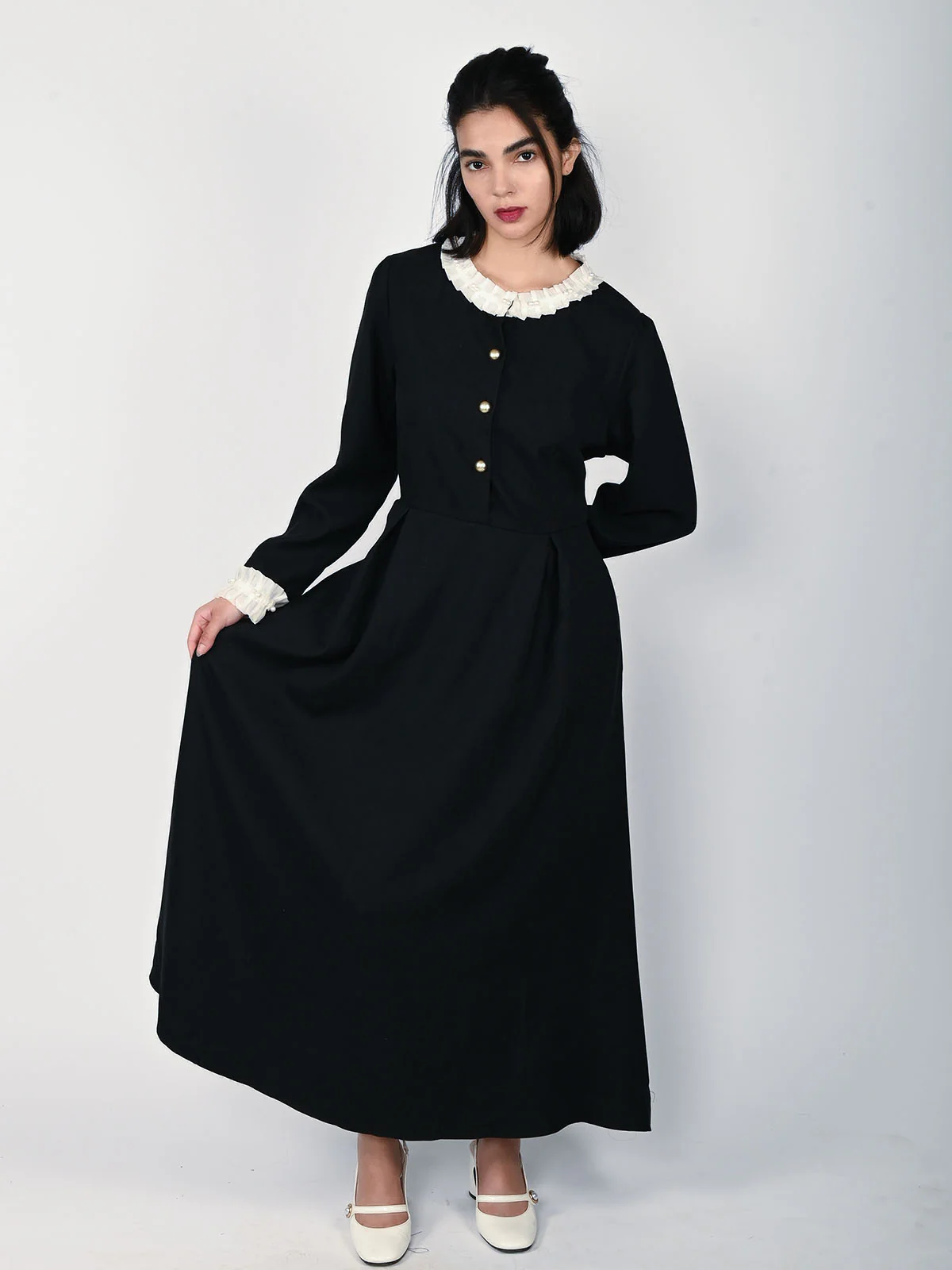 Odette Black Twill Frill Work Dress For Women - Image 2