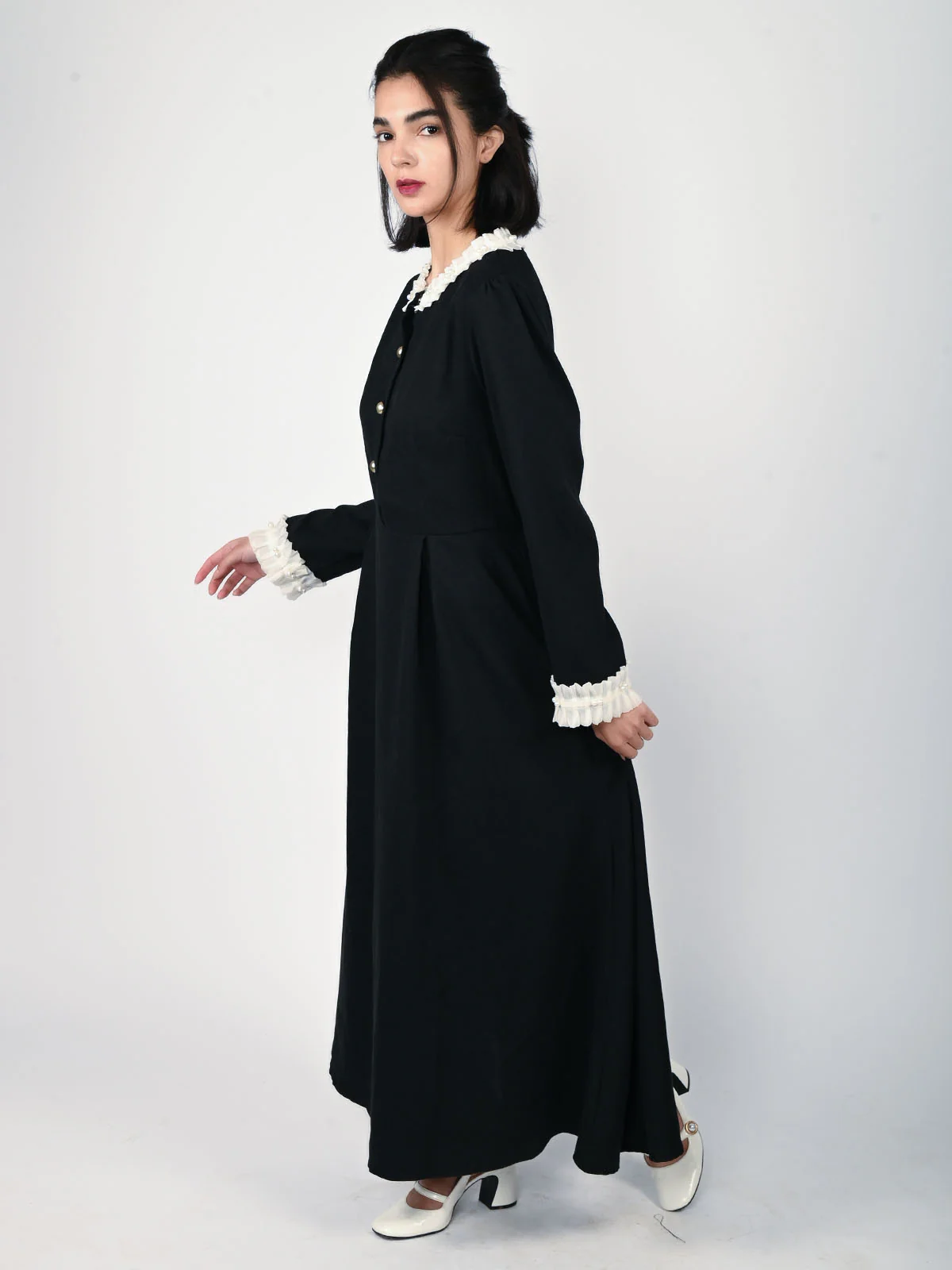Odette Black Twill Frill Work Dress For Women - Image 3