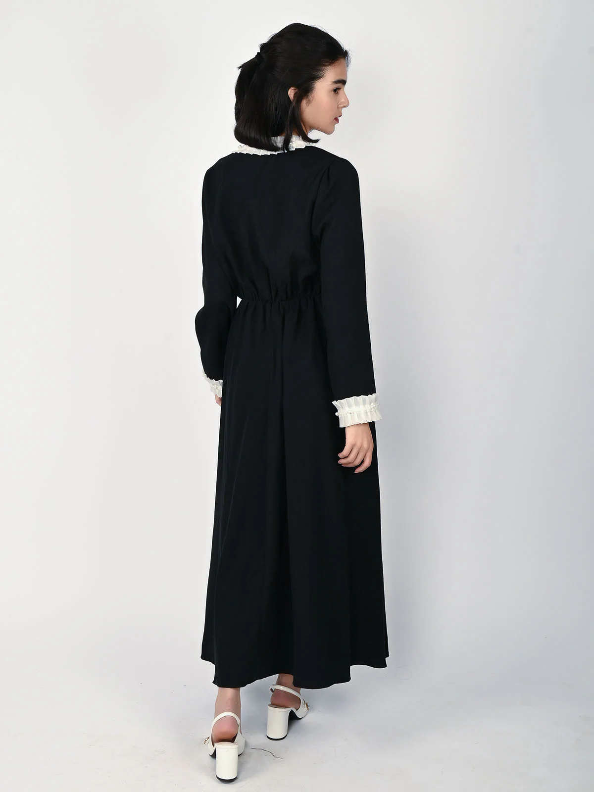 Odette Black Twill Frill Work Dress For Women - Image 4