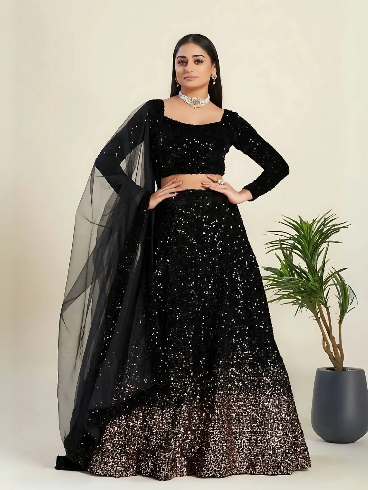 Odette Black Velvet Embellished Semi-Stitched Lehenga For Women