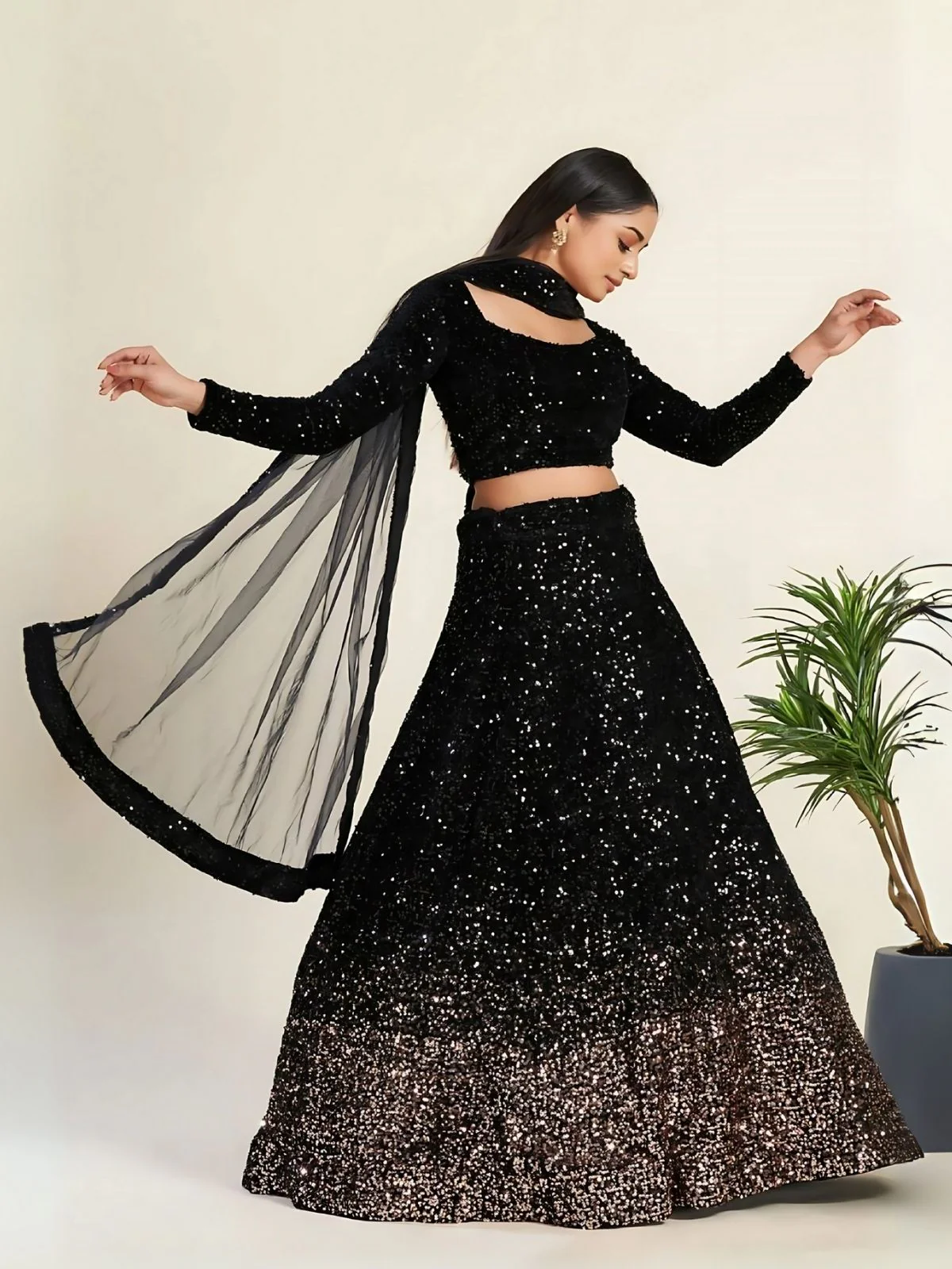 Odette Black Velvet Embellished Semi-Stitched Lehenga For Women - Image 2