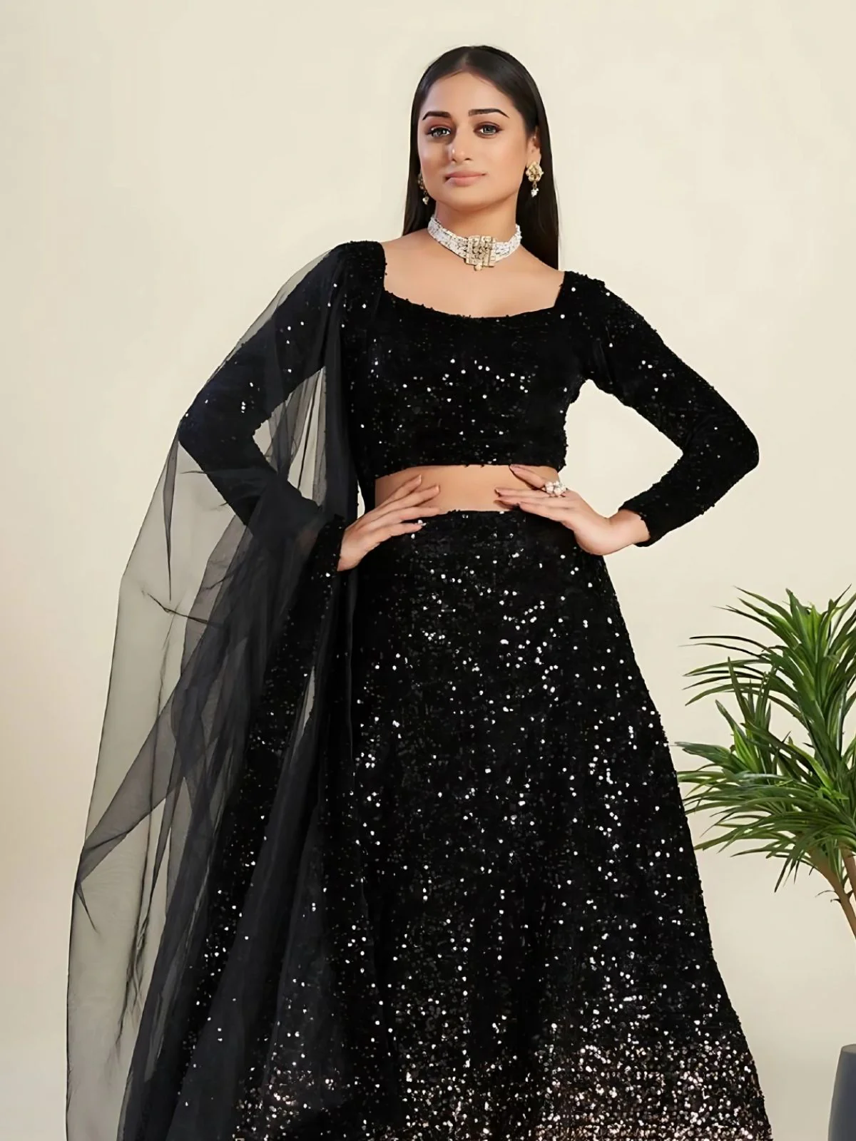 Odette Black Velvet Embellished Semi-Stitched Lehenga For Women - Image 3