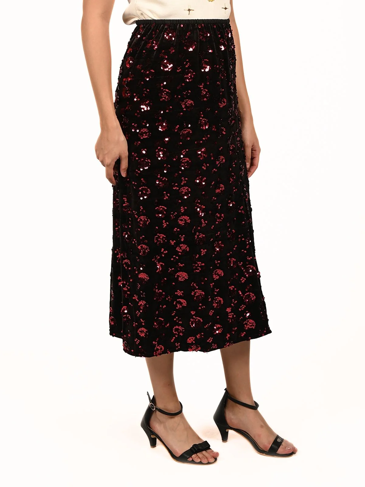 Odette Black Velvet Embellished Skirt For Women - Image 3