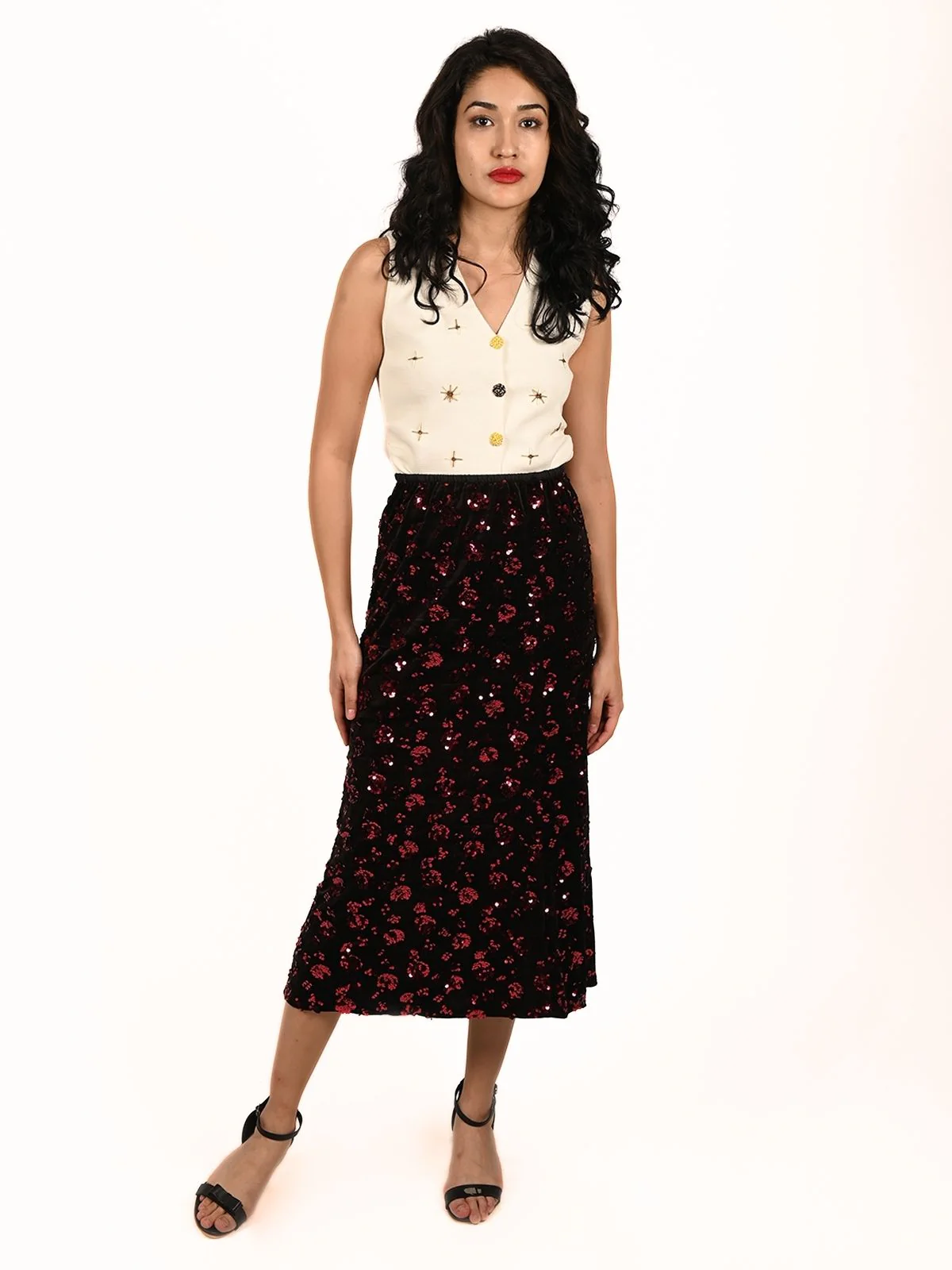Odette Black Velvet Embellished Skirt For Women - Image 5