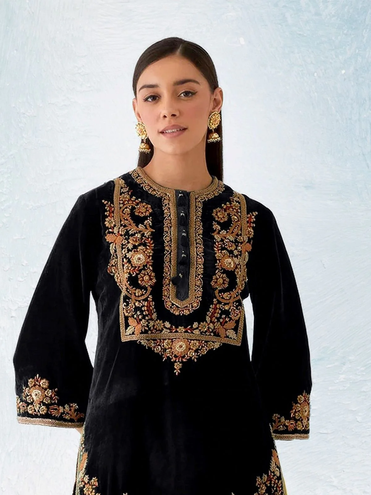 Odette Black Velvet Embroidered Semi-Sitched Kurta Set For Women - Image 2