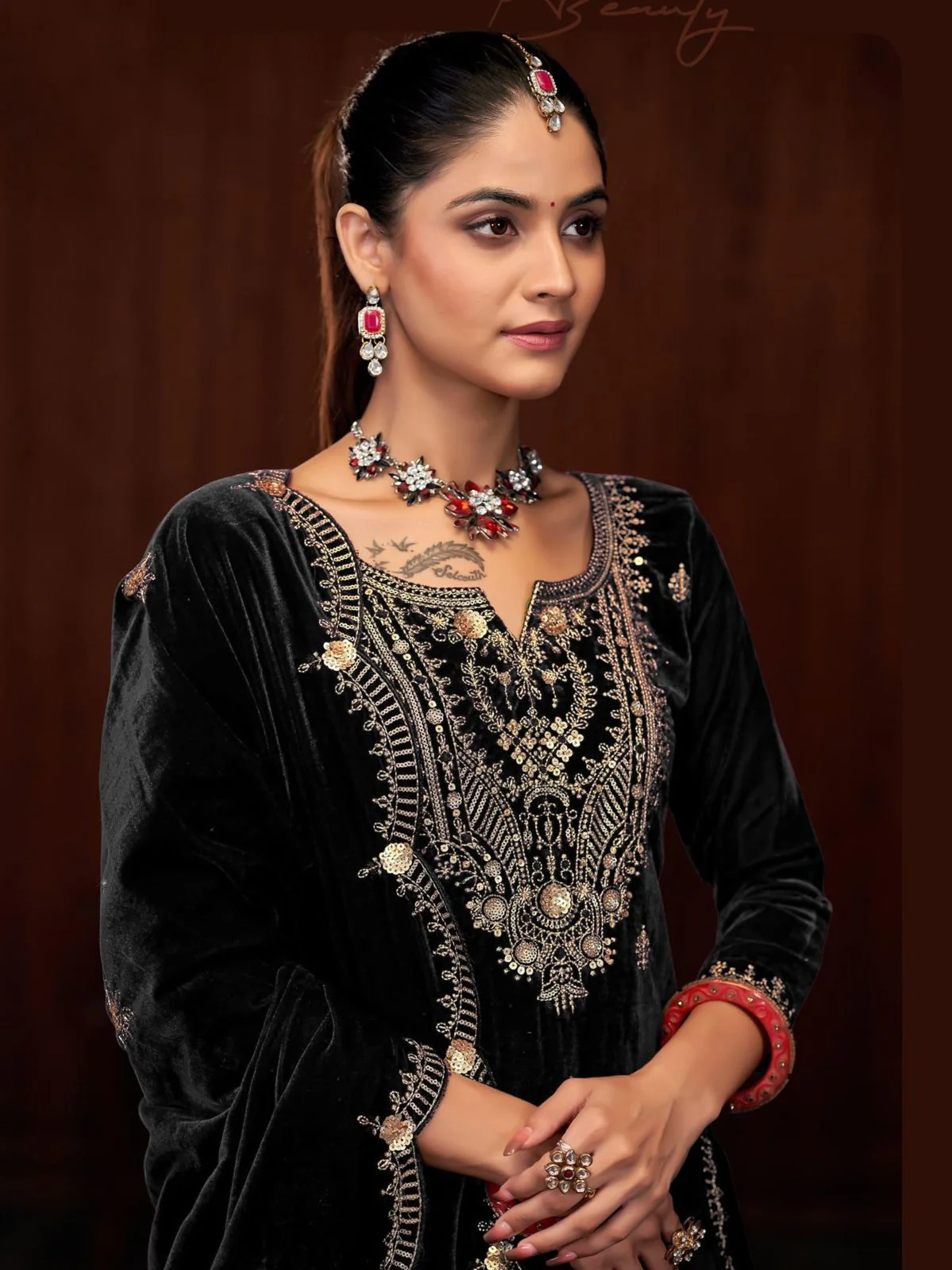 Odette Black Velvet Embroidered Semi-Stitched Kurta Set For Women - Image 2