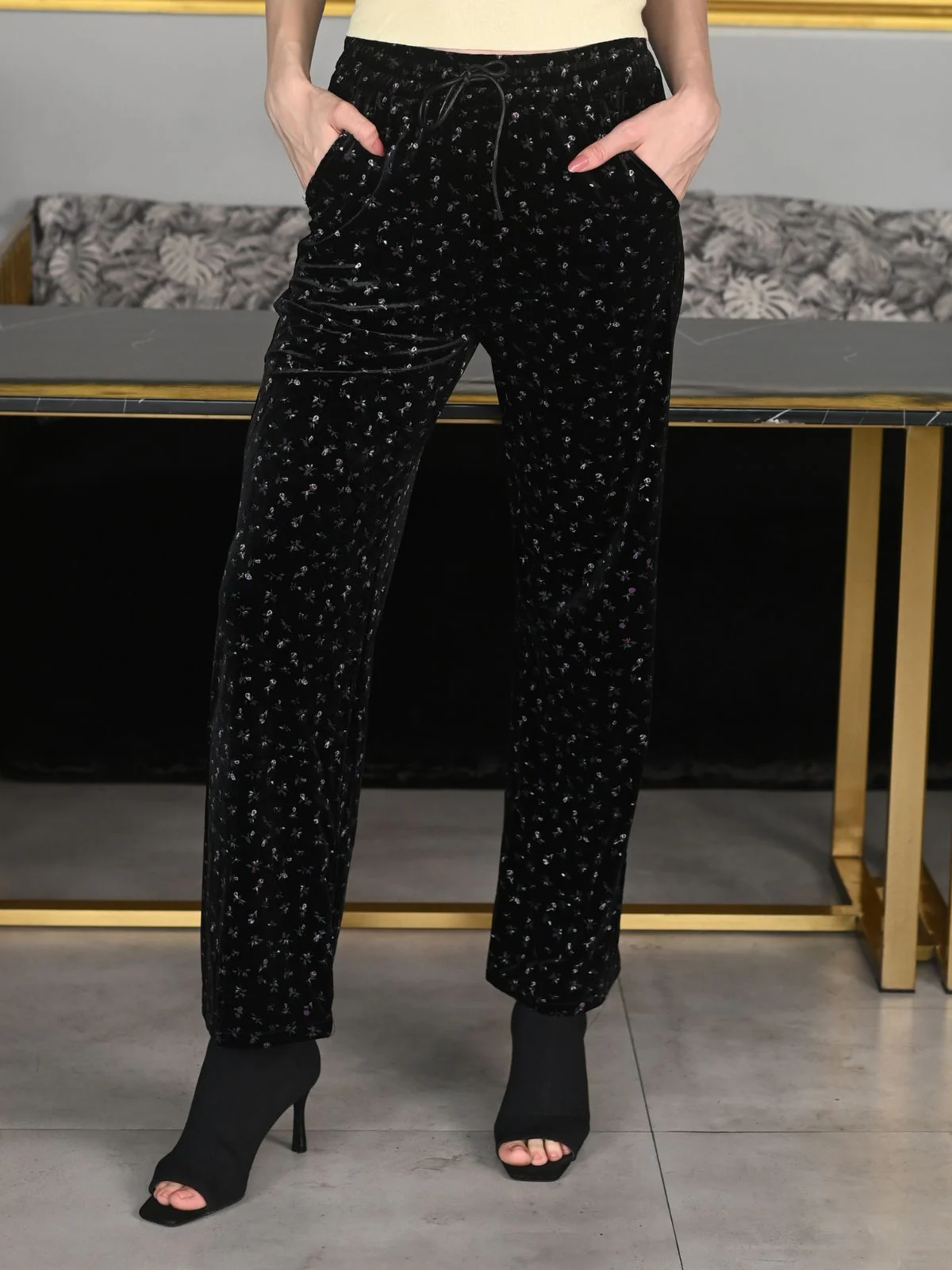 Odette Black Velvet Lycra Printed Trouser for Women - Image 2