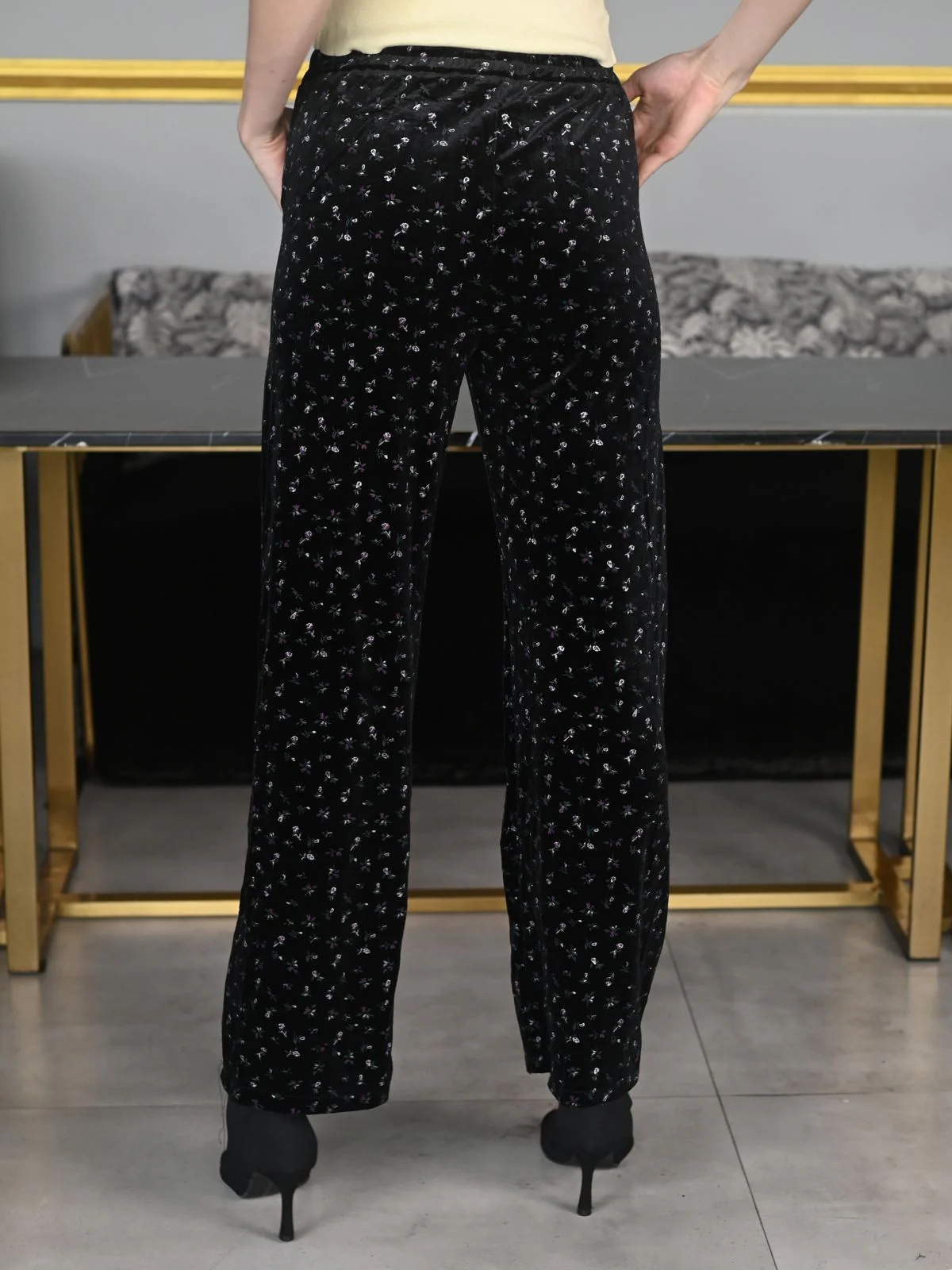 Odette Black Velvet Lycra Printed Trouser for Women - Image 4