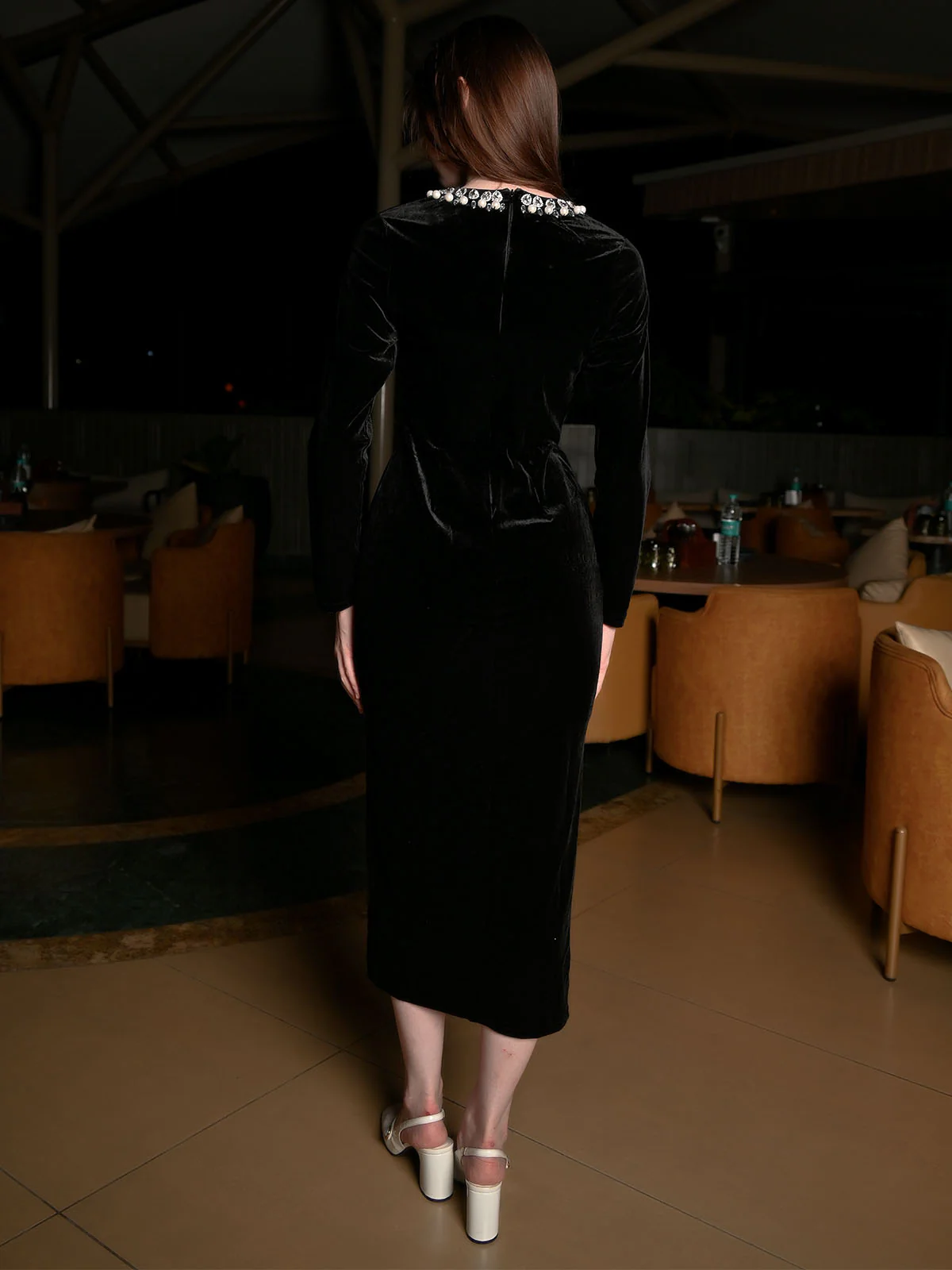 Odette Black Velvet Solid Dress For Women - Image 3
