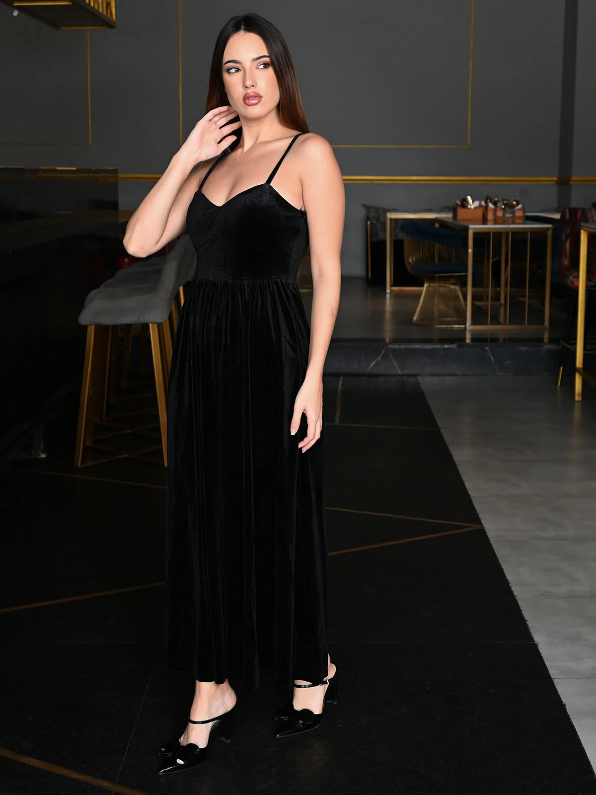 Odette Black Velvet Solid Strapped Dress For Women - Image 2