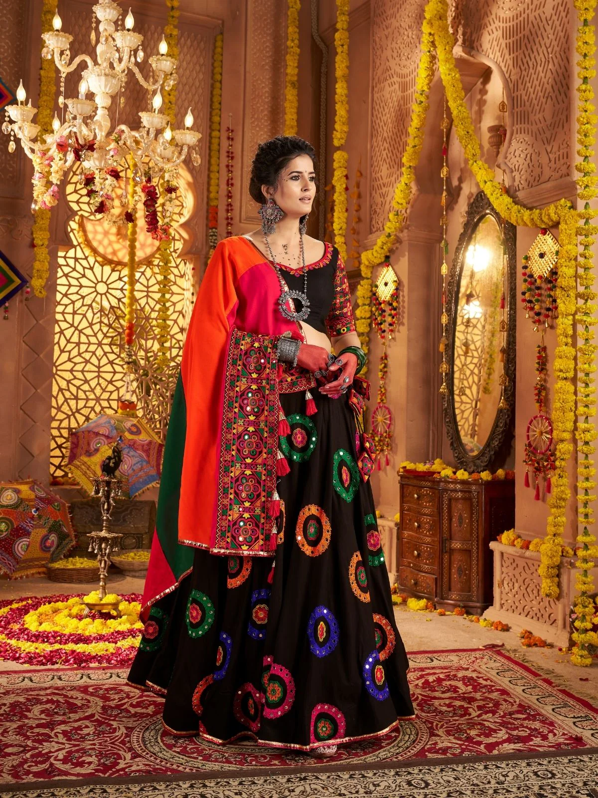 Odette Black Viscose Cotton Embroidered Semi-Stitched lehenga With Stunning Tassels For Women