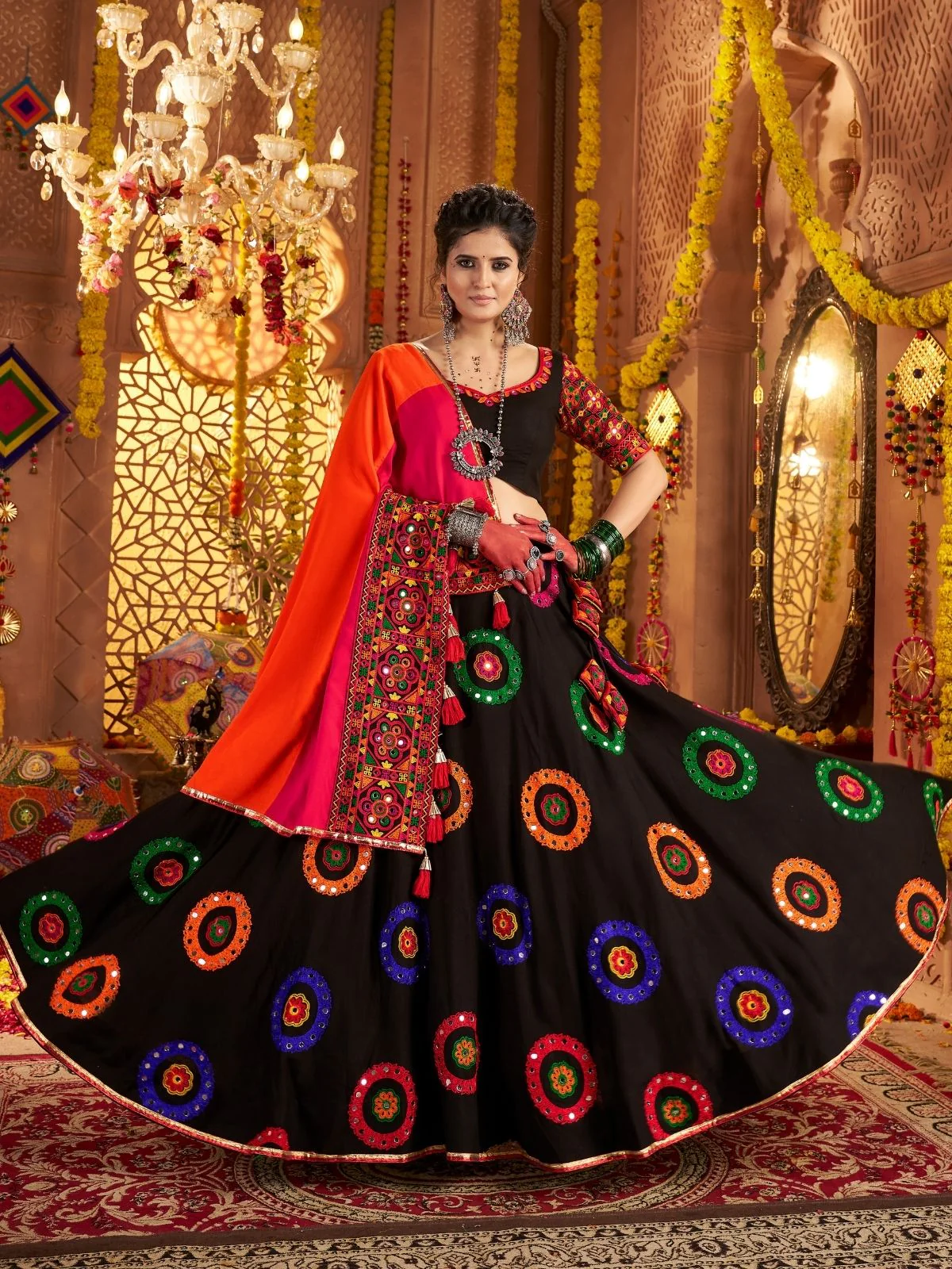 Odette Black Viscose Cotton Embroidered Semi-Stitched lehenga With Stunning Tassels For Women - Image 2