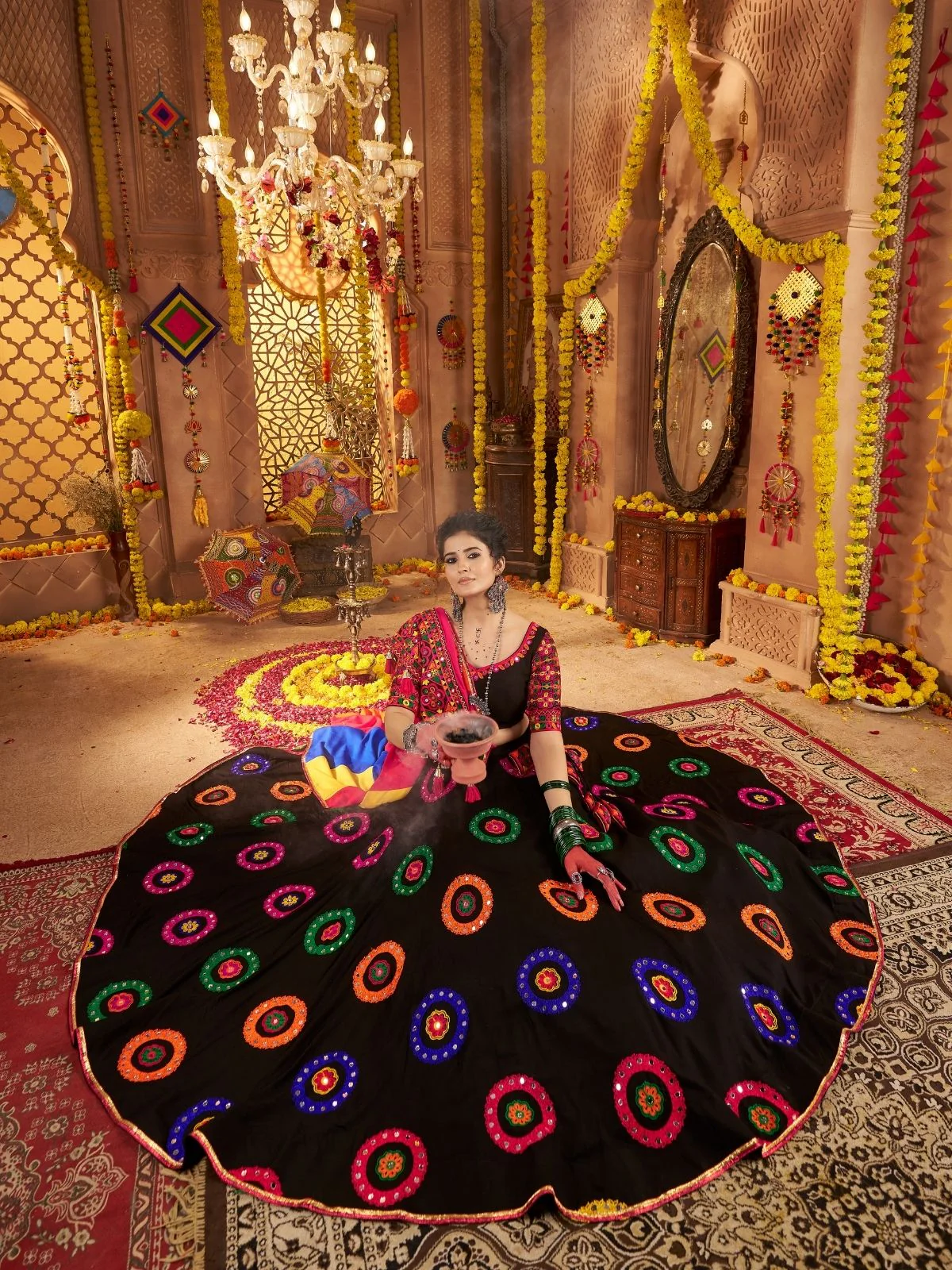 Odette Black Viscose Cotton Embroidered Semi-Stitched lehenga With Stunning Tassels For Women - Image 3