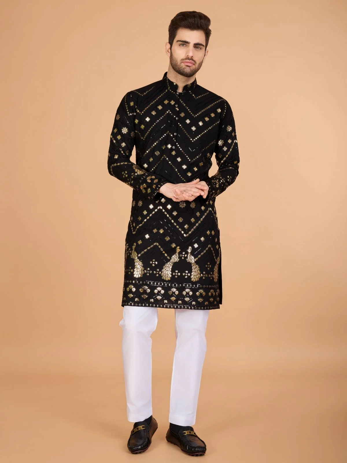 Odette Black Viscose Rayon Embroidered Stitched Kurta For Men - Image 3