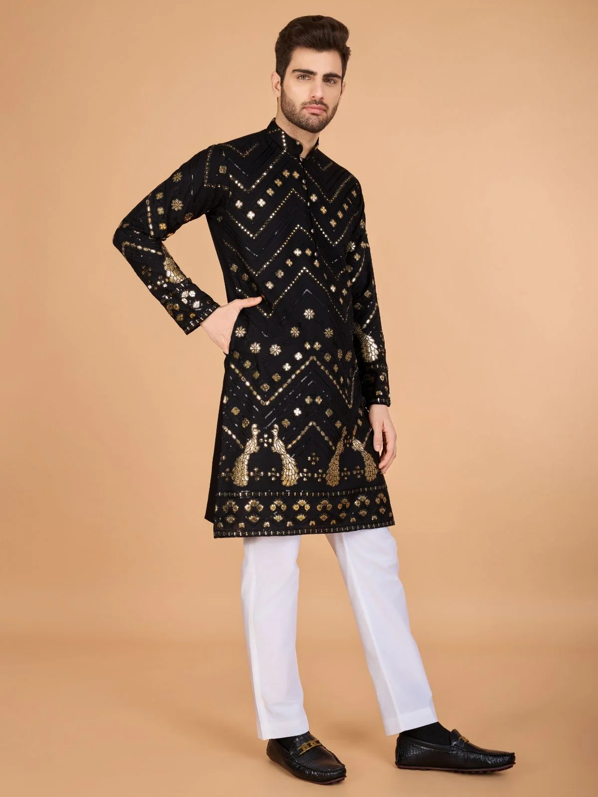 Odette Black Viscose Rayon Embroidered Stitched Kurta For Men - Image 4