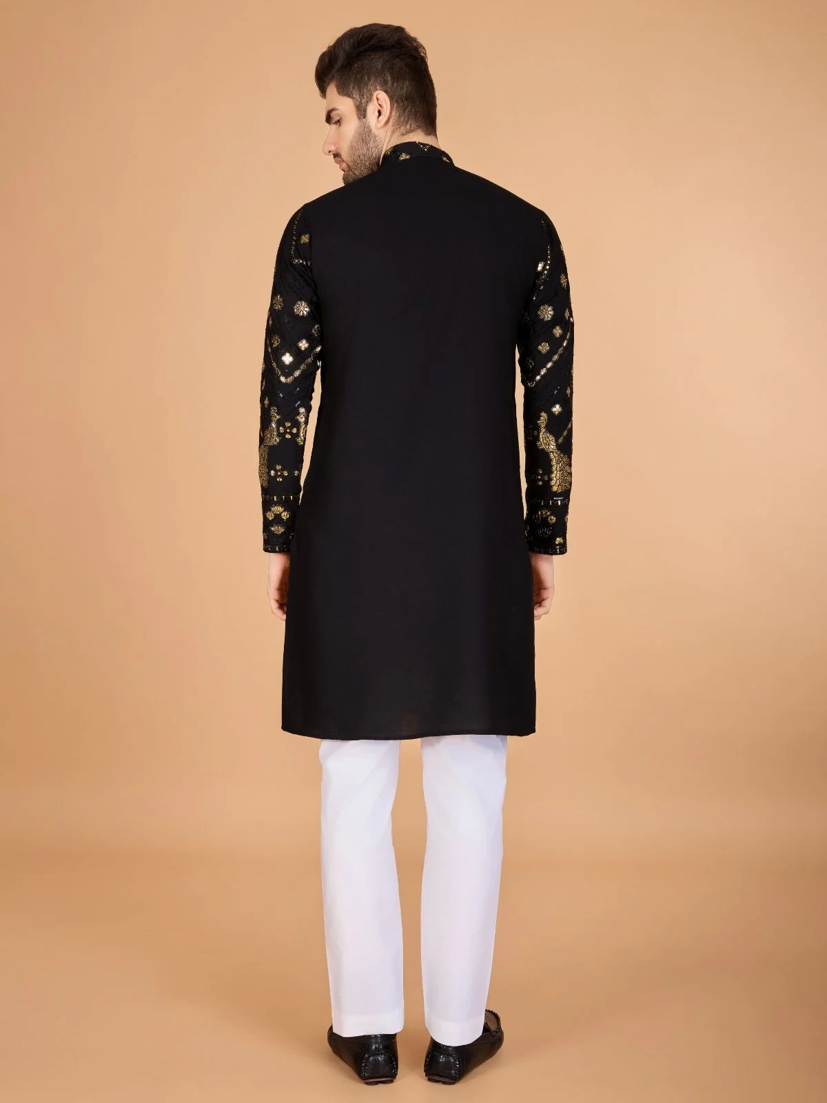 Odette Black Viscose Rayon Embroidered Stitched Kurta For Men - Image 5