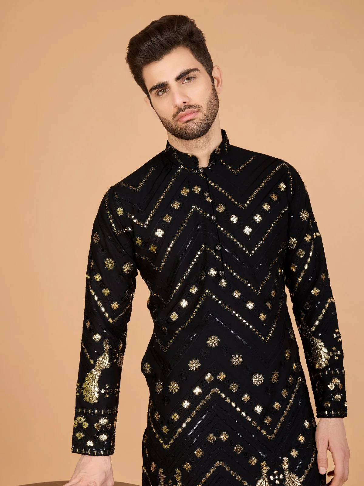 Odette Black Viscose Rayon Embroidered Stitched Kurta For Men - Image 6