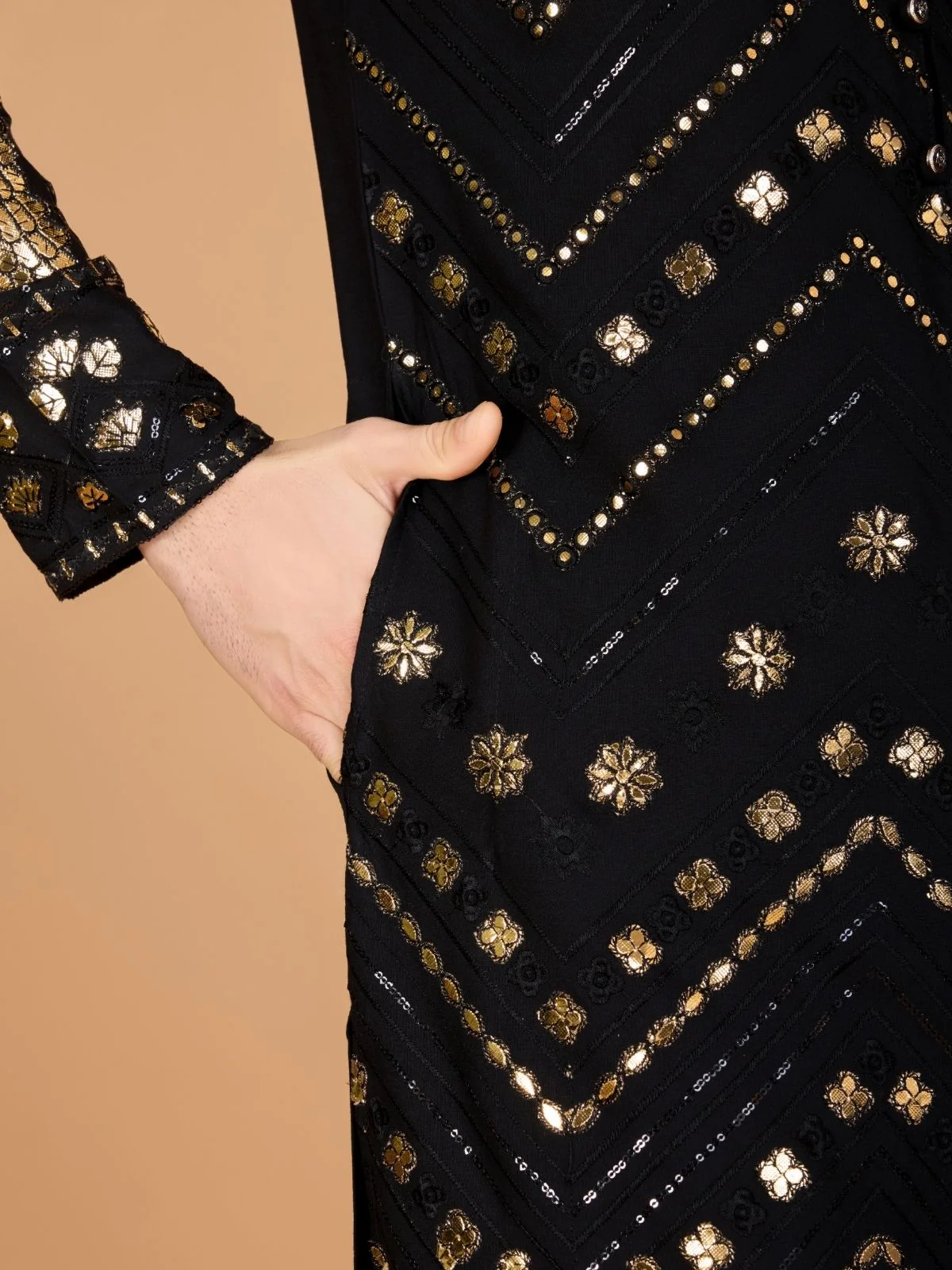 Odette Black Viscose Rayon Embroidered Stitched Kurta For Men - Image 7
