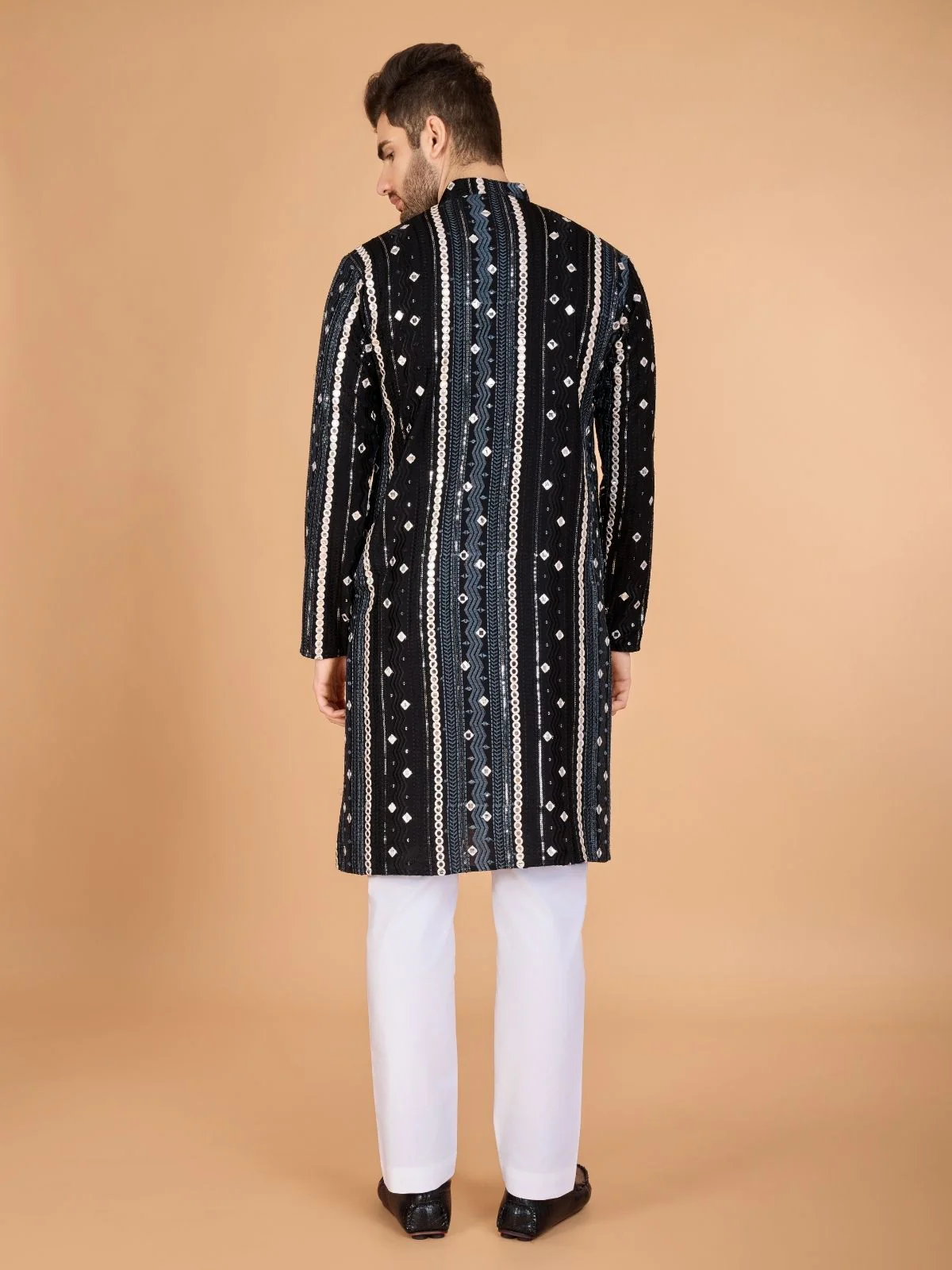 Odette Black Viscose Rayon Embroidered Stitched Kurta For Men - Image 4