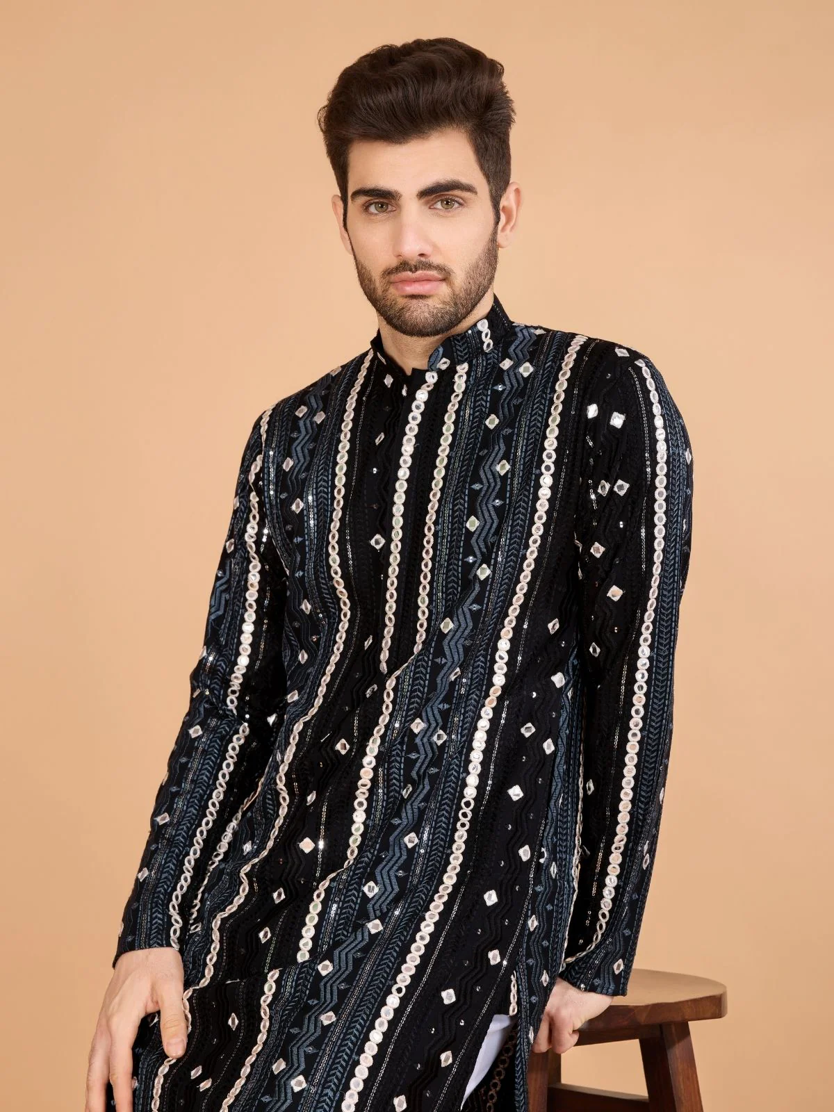 Odette Black Viscose Rayon Embroidered Stitched Kurta For Men - Image 5