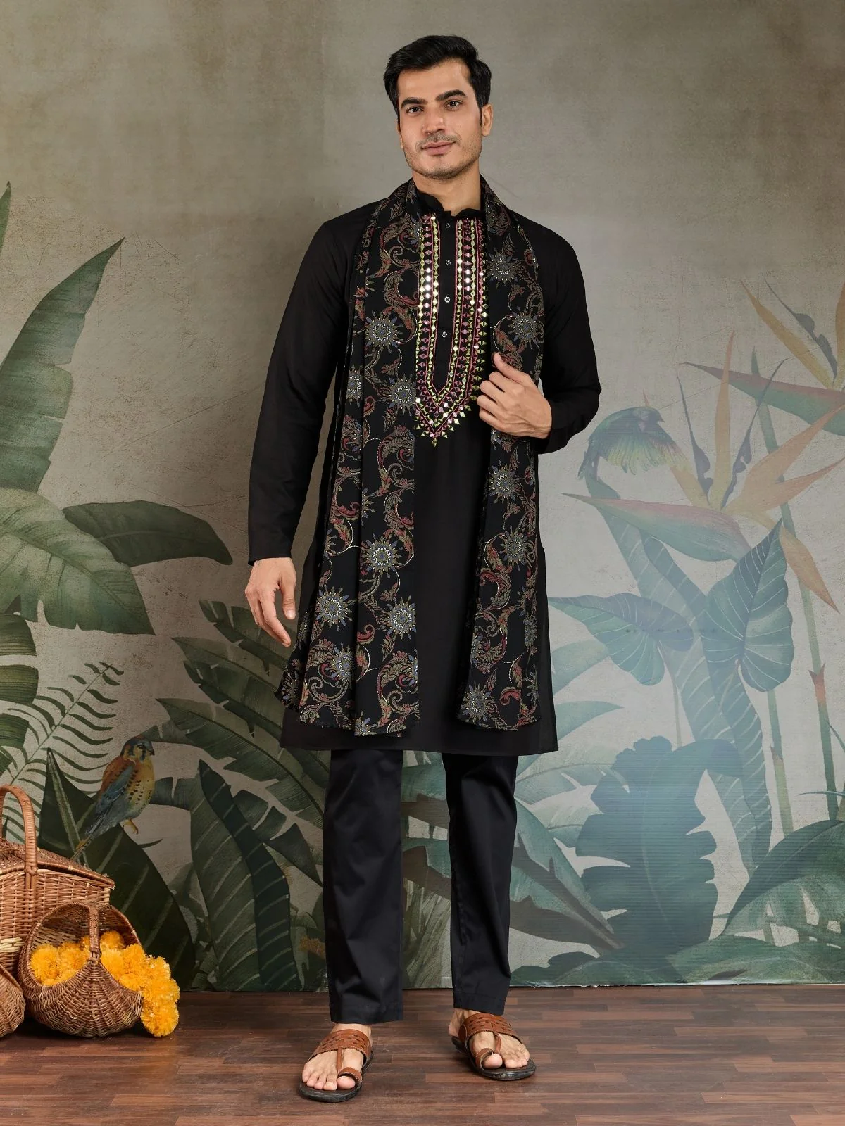 Odette Black Viscose Rayon Embroidered Stitched Kurta For Men