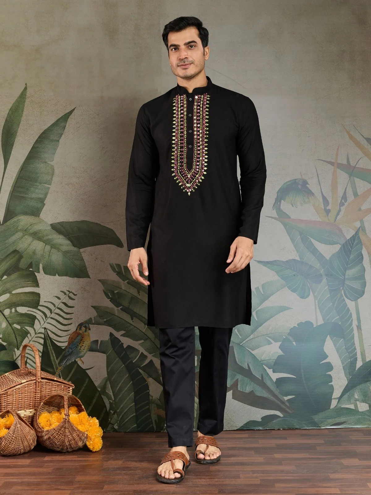 Odette Black Viscose Rayon Embroidered Stitched Kurta For Men - Image 4