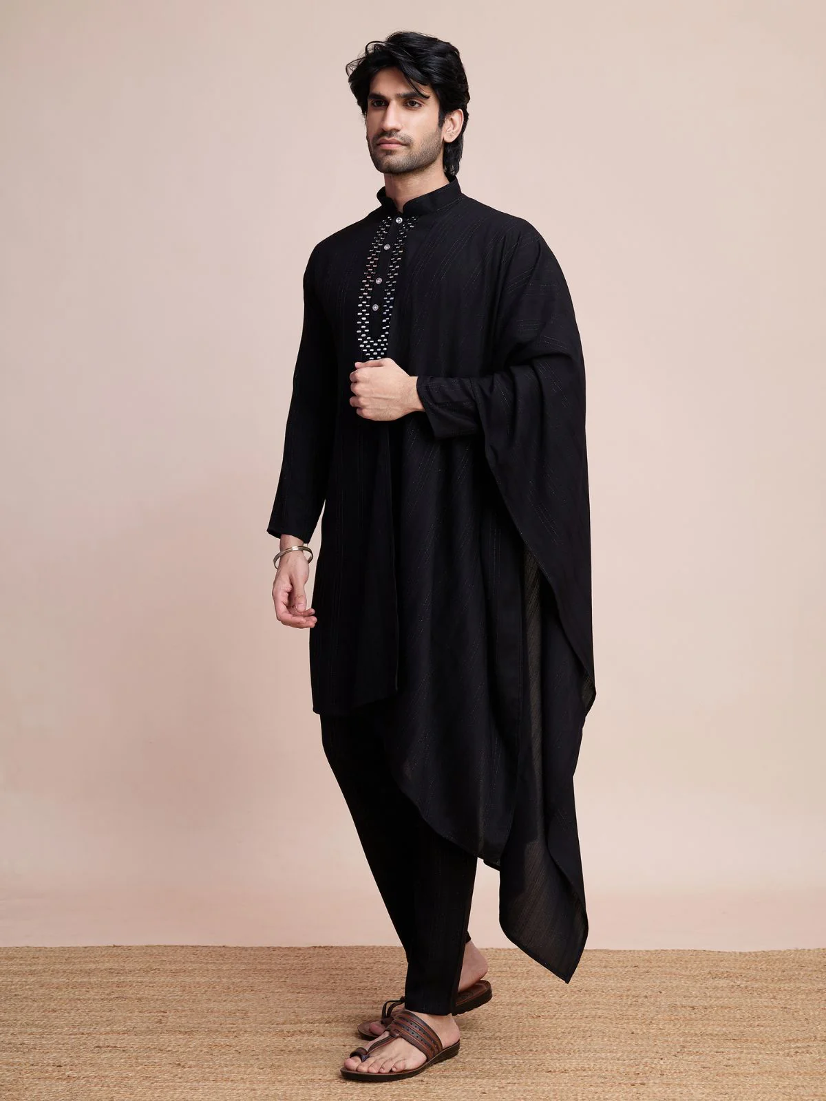 Odette Black Viscose Rayon Mirror Work Stitched Kurta Set For Men - Image 3