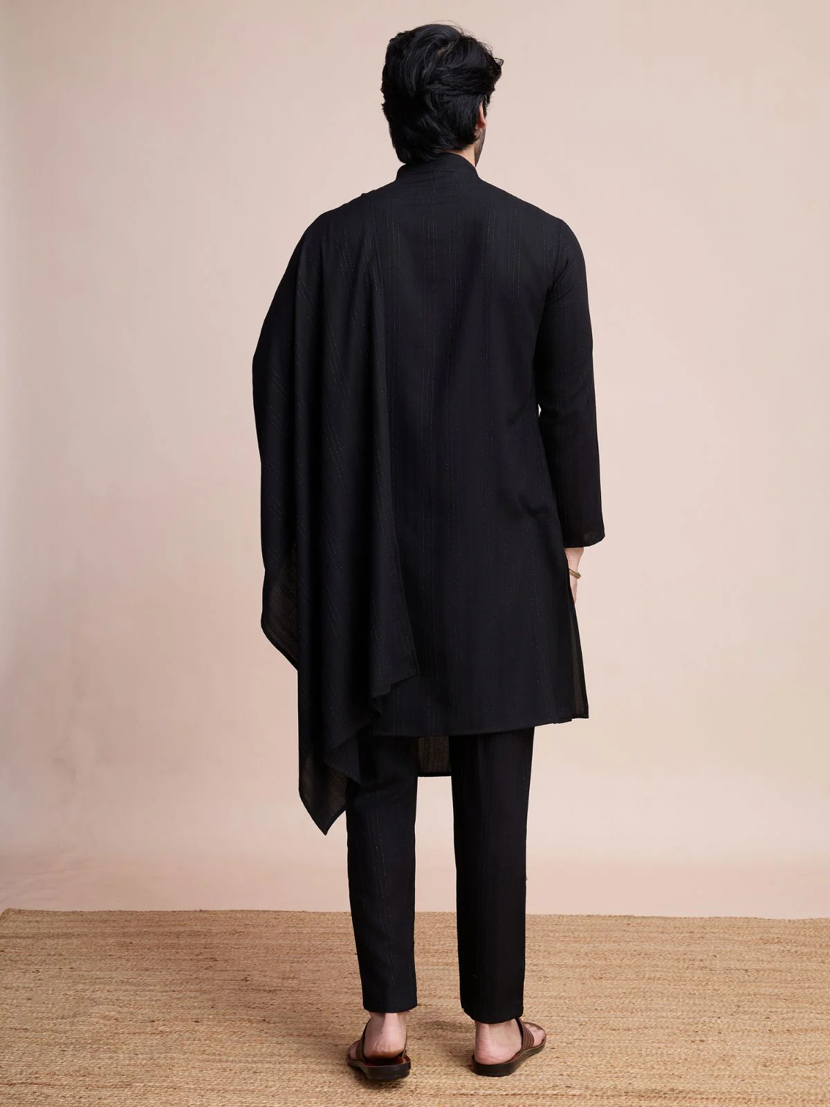 Odette Black Viscose Rayon Mirror Work Stitched Kurta Set For Men - Image 4